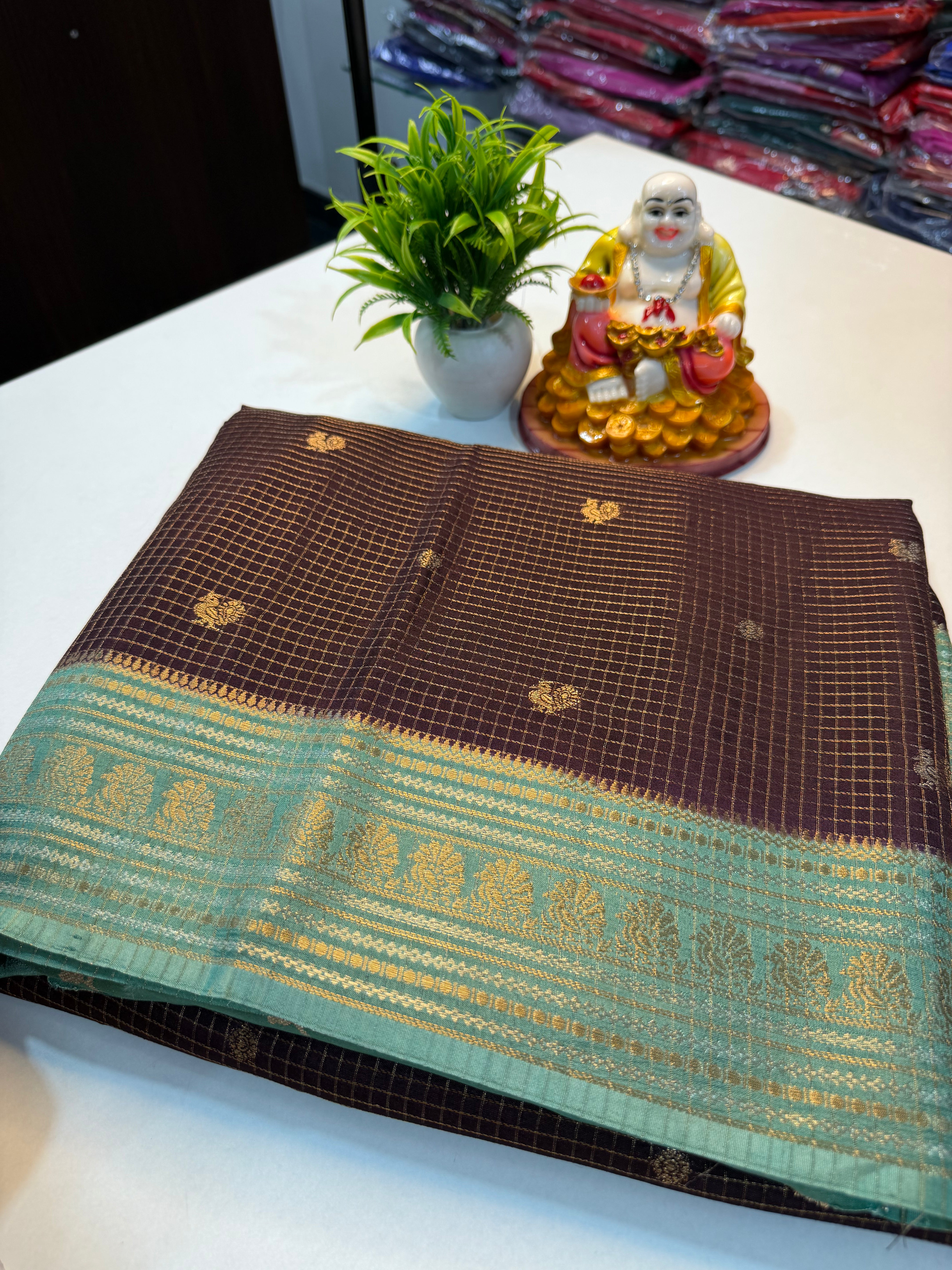 Premium Viscose Saree with Checks & Peacock Buttas with Contrast Butta Blouse | Padmavathi Silks and Sarees…