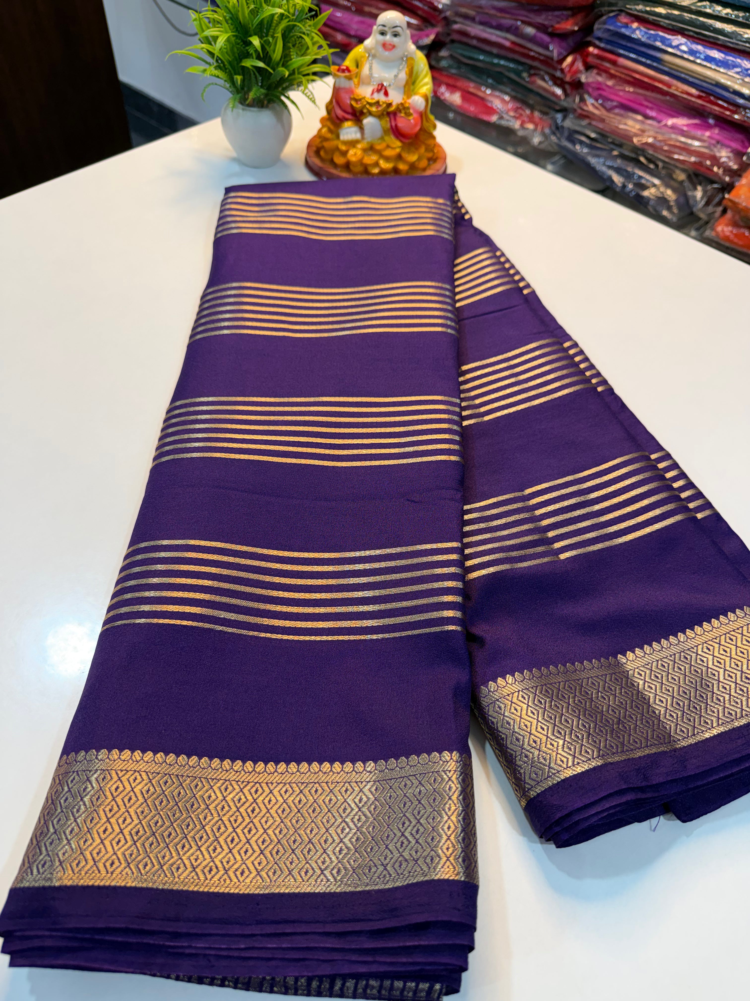 Mysore Crape Silk Saree with Stripes & Rich Pallu…