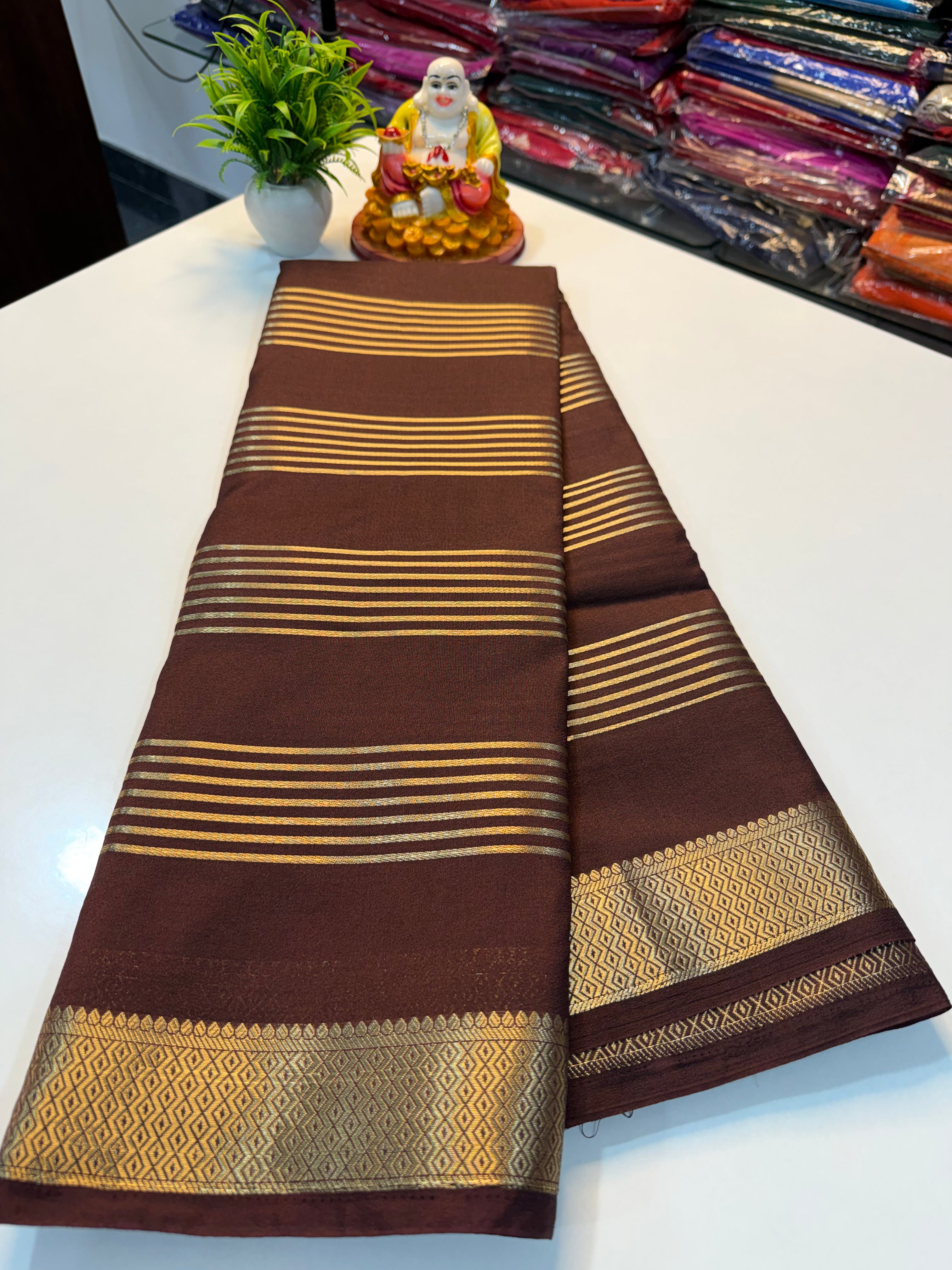 Mysore Crape Silk Saree with Stripes & Rich Pallu…
