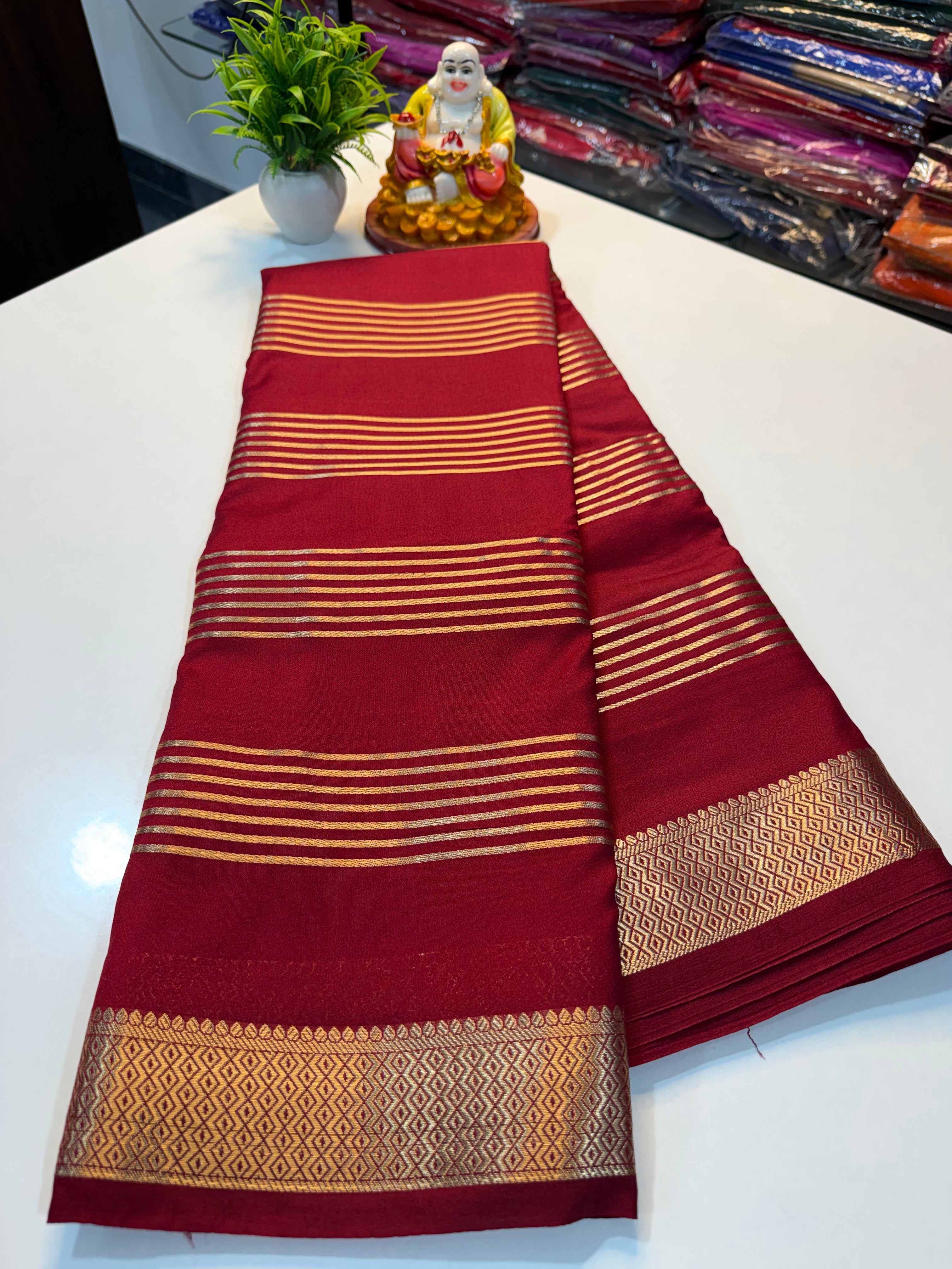 Mysore Crape Silk Saree with Stripes & Rich Pallu…
