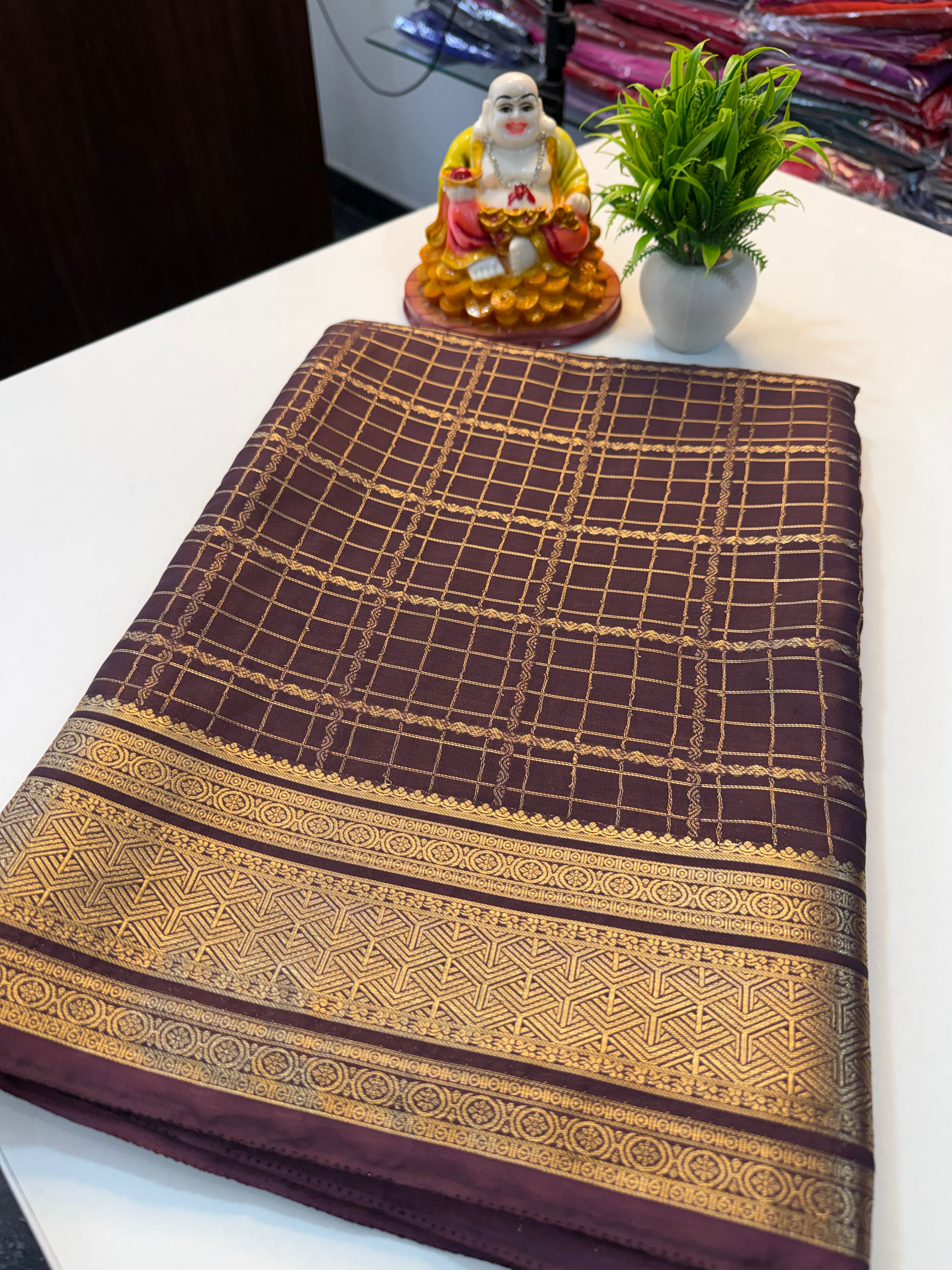 Premium Mysore Crepe Silk Saree with Checks & Rich Pallu | Padmavathi Silks and Sarees…