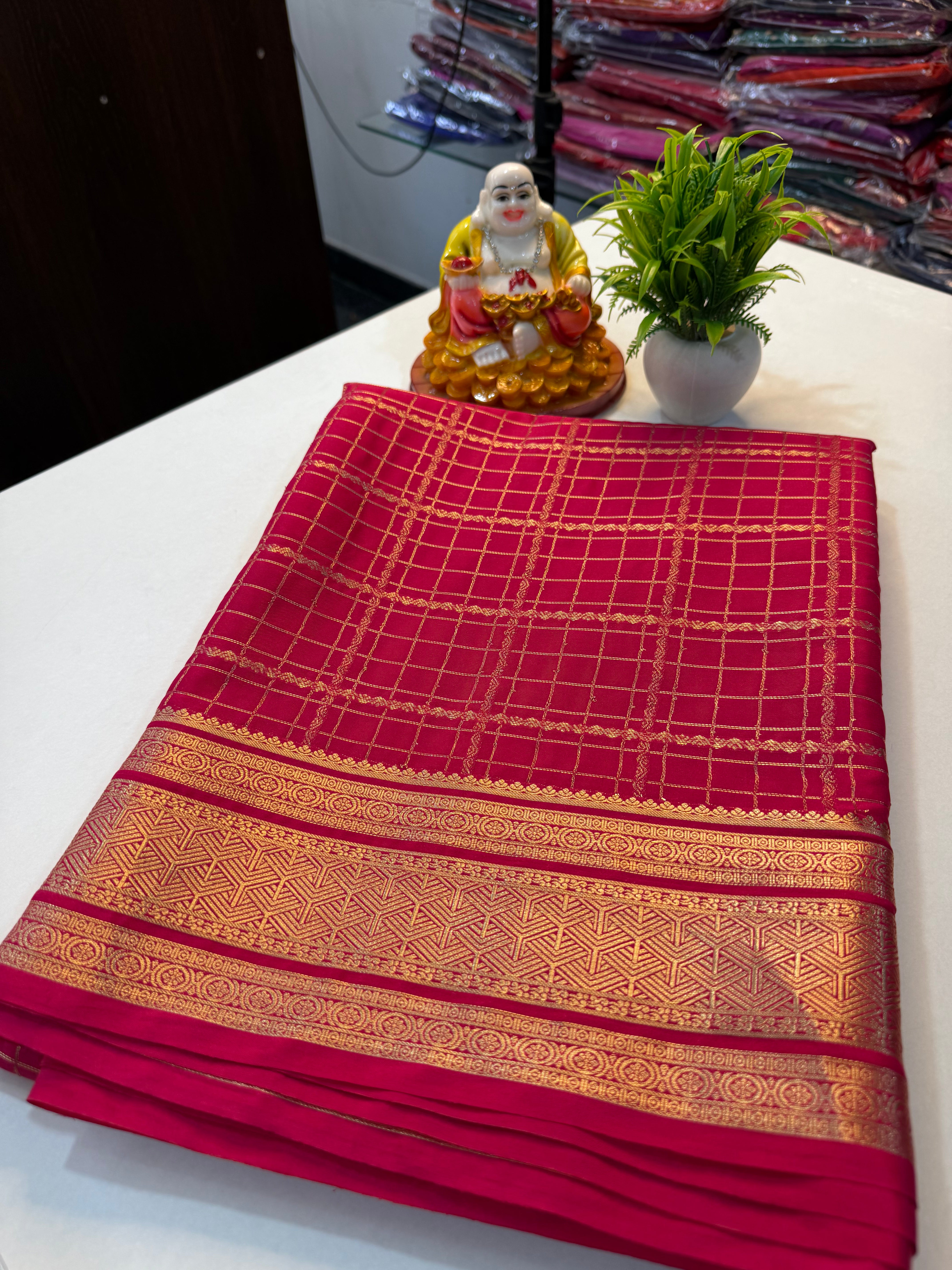 Premium Mysore Crepe Silk Saree with Checks & Rich Pallu | Padmavathi Silks and Sarees…
