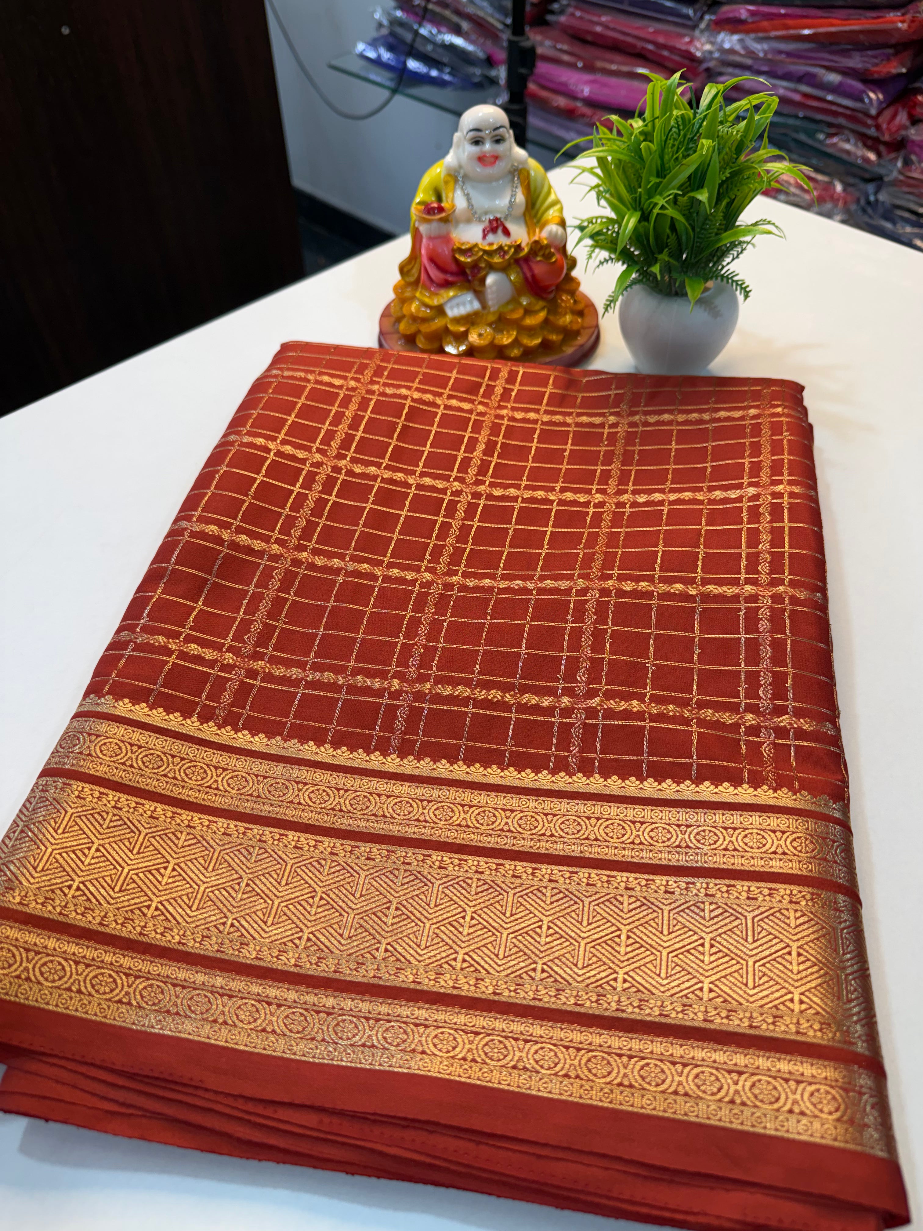 Premium Mysore Crepe Silk Saree with Checks & Rich Pallu | Padmavathi Silks and Sarees…