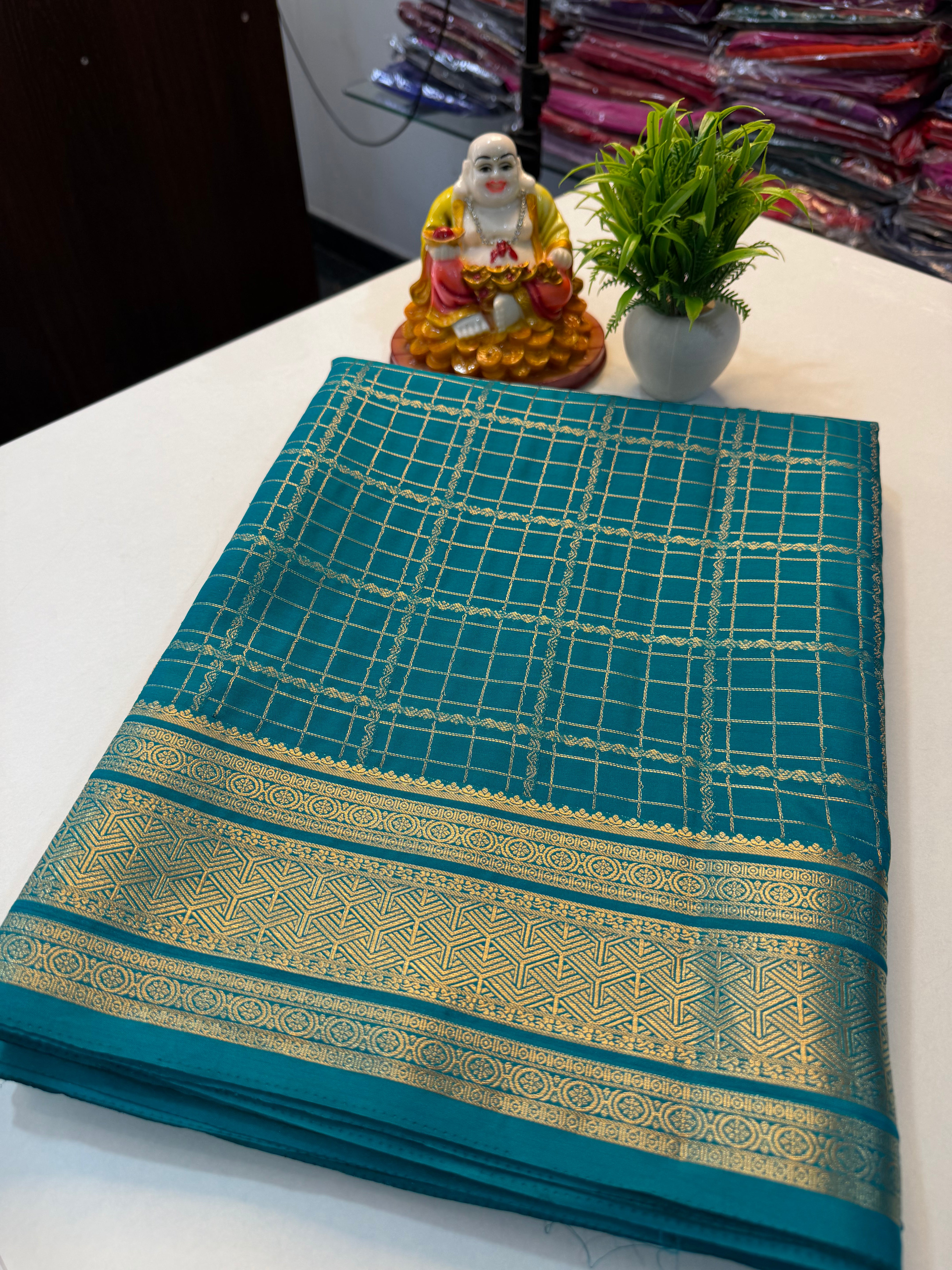 Premium Mysore Crepe Silk Saree with Checks & Rich Pallu | Padmavathi Silks and Sarees…