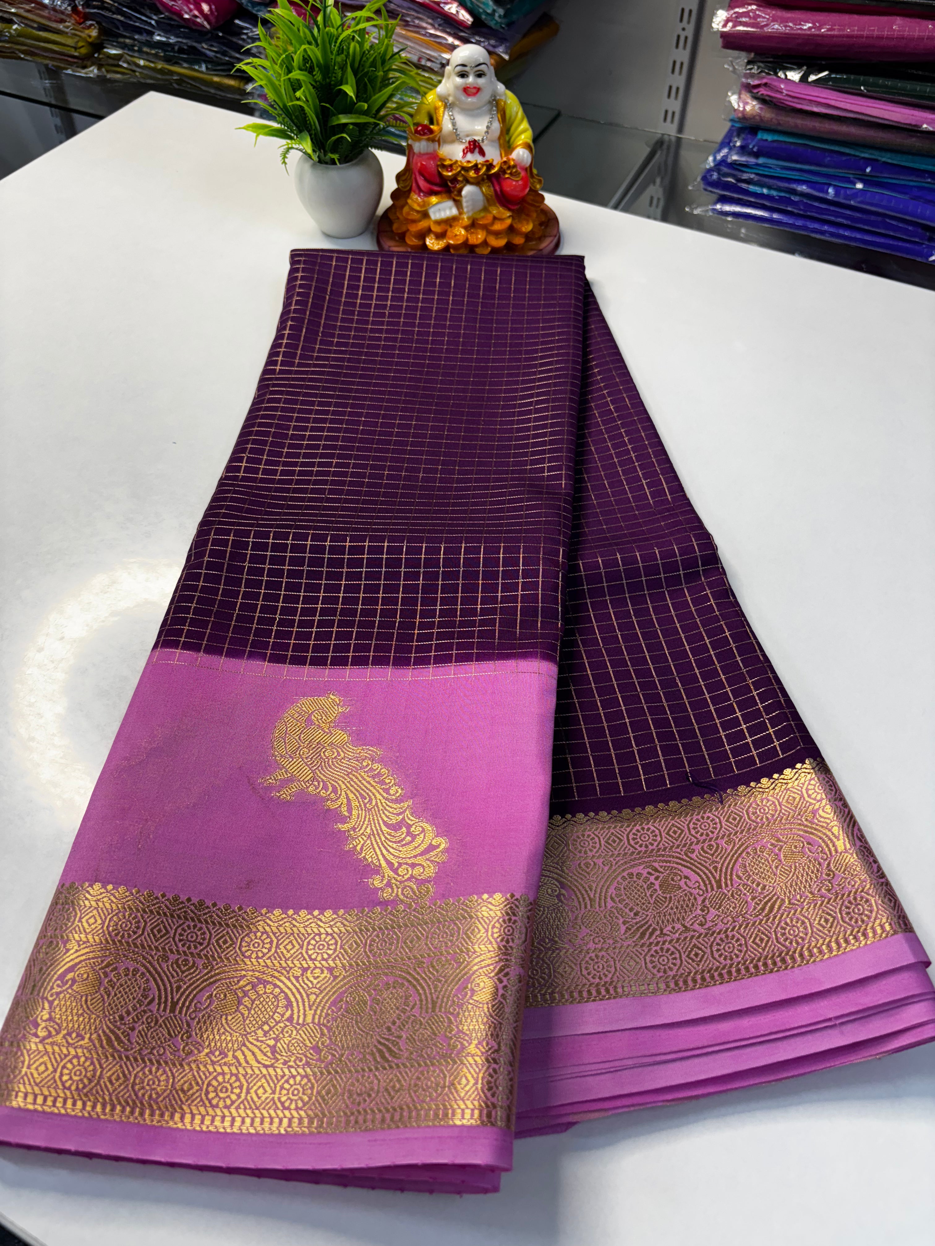 Premium Mysore Crape Silk Saree with Beautiful Mayuri Design & Rich Pallu