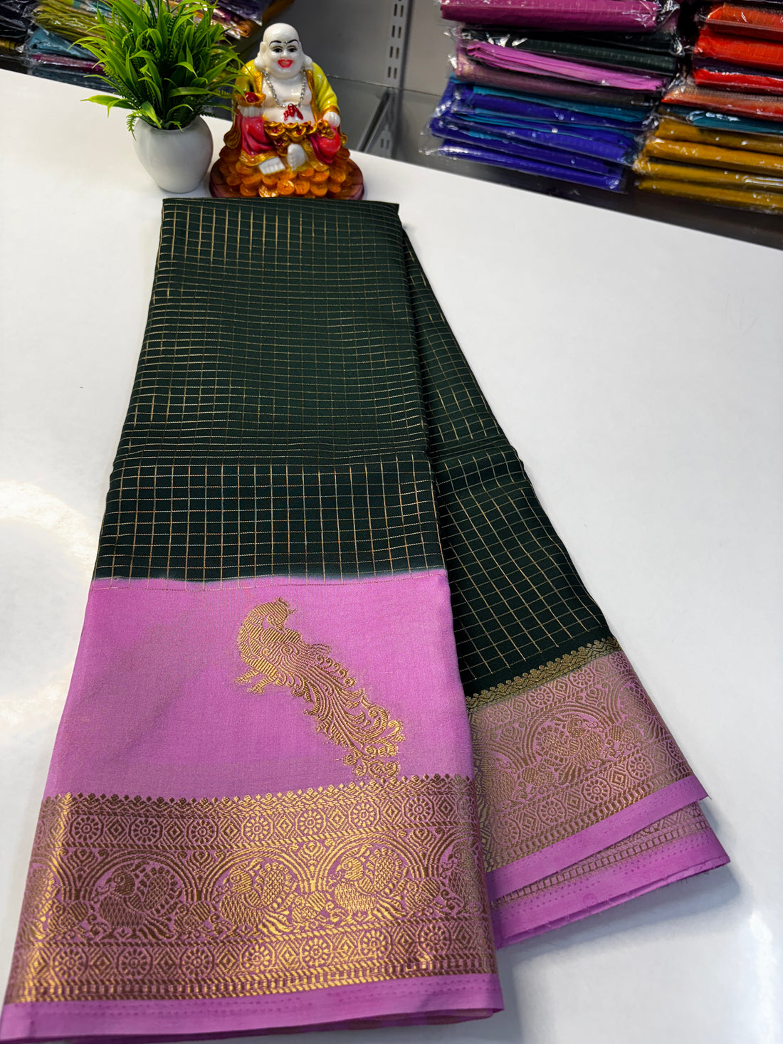 Premium Mysore Crape Silk Saree with Beautiful Mayuri Design & Rich Pallu