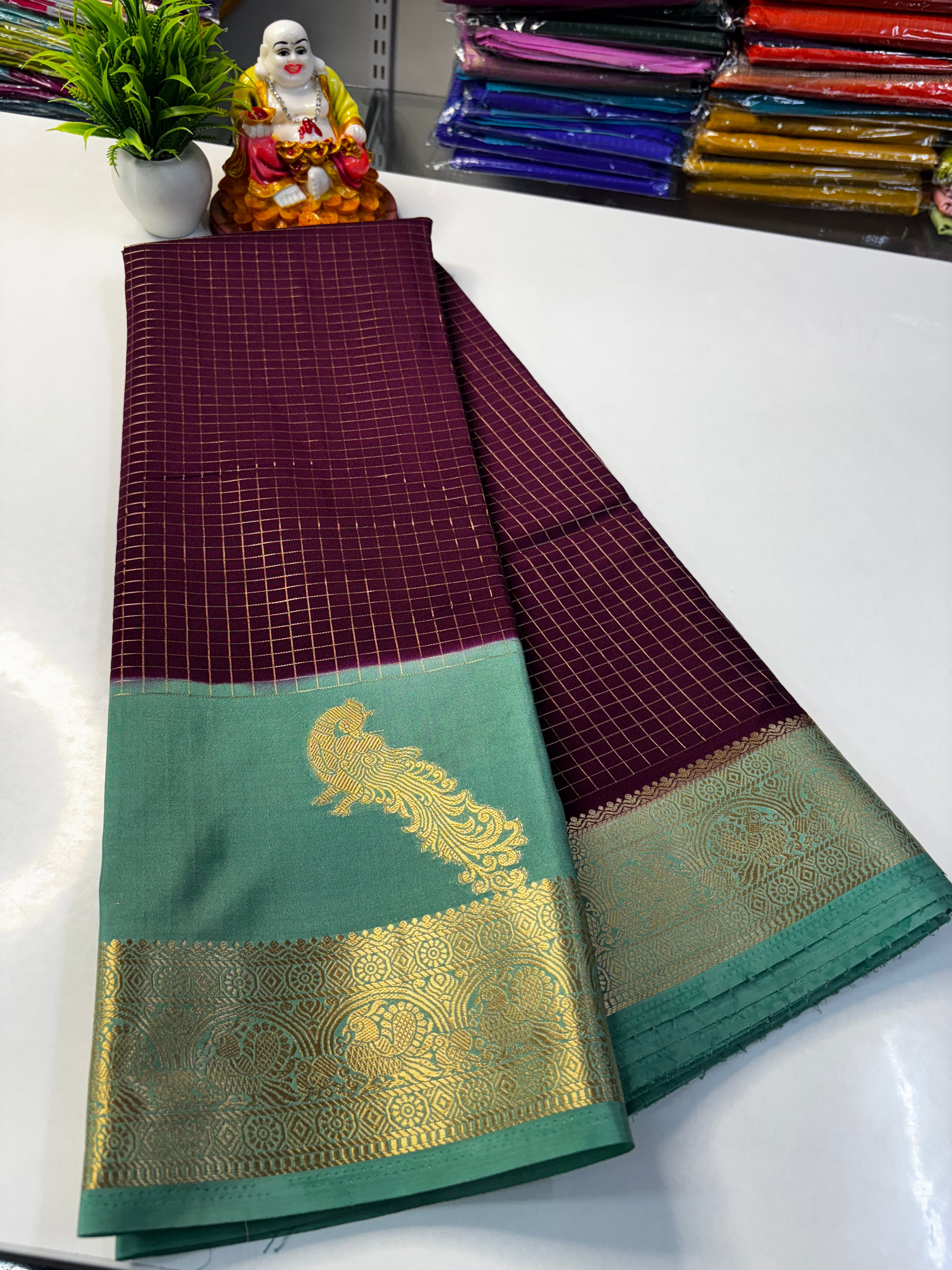 Premium Mysore Crape Silk Saree with Beautiful Mayuri Design & Rich Pallu