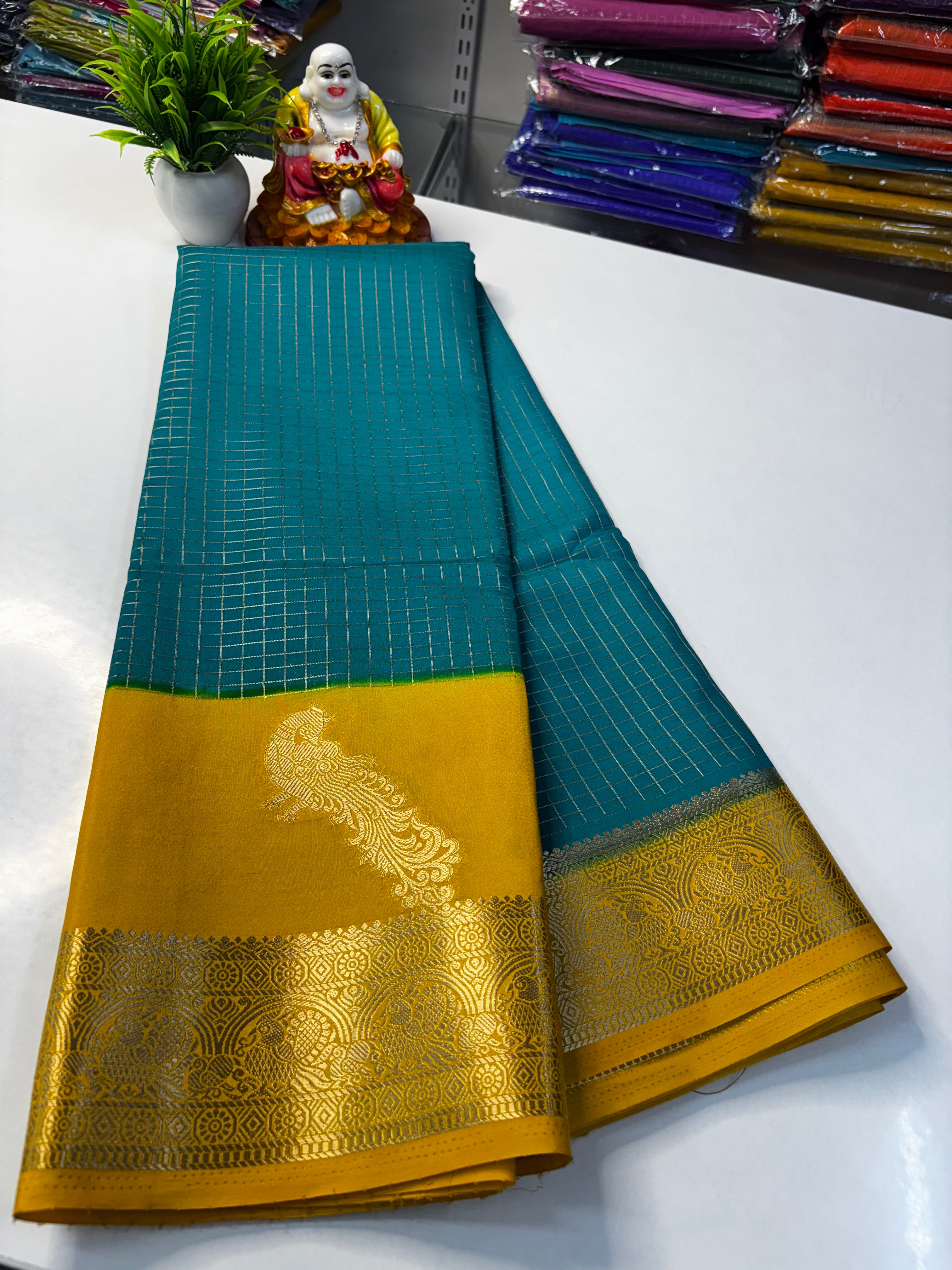 Premium Mysore Crape Silk Saree with Beautiful Mayuri Design & Rich Pallu