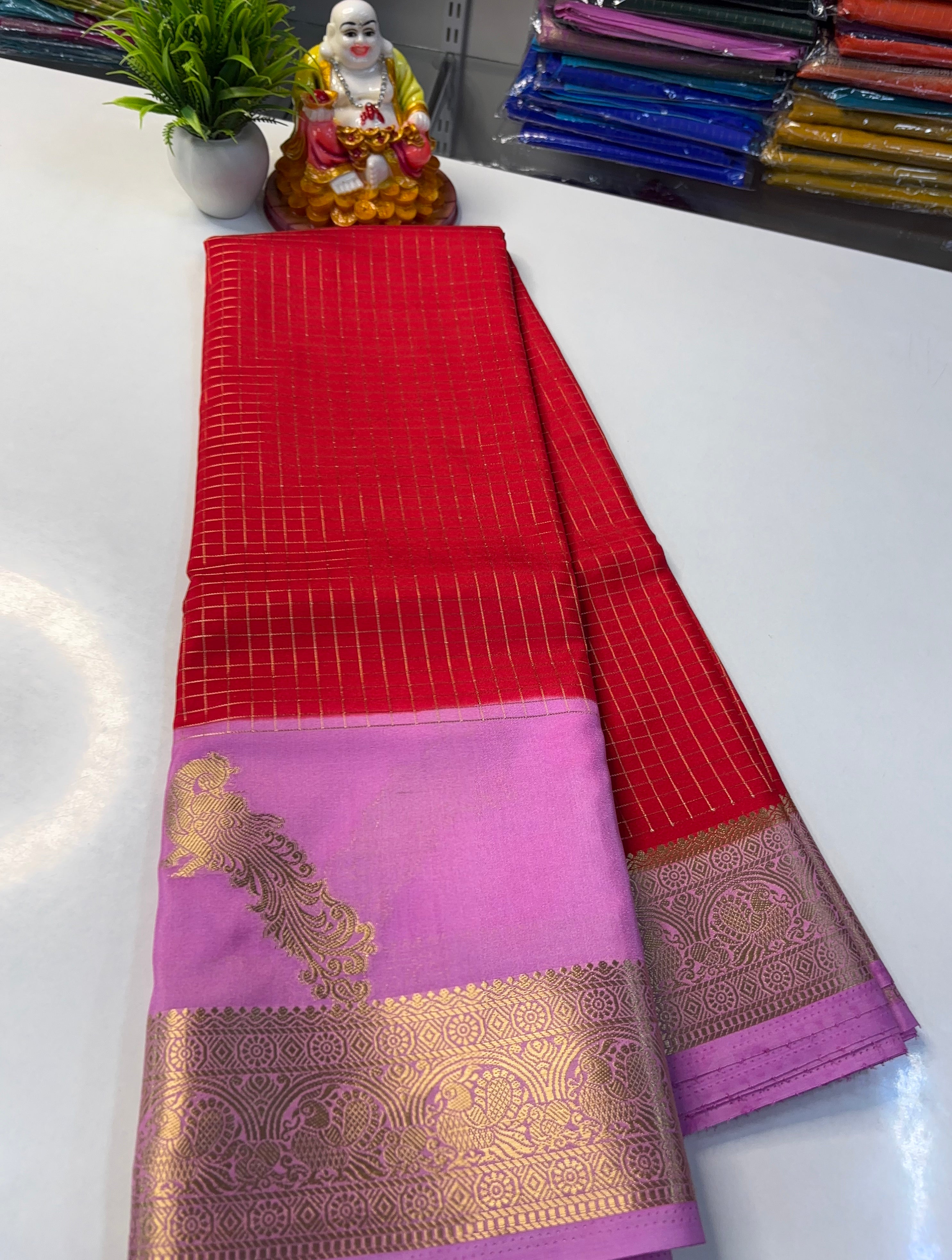 Premium Mysore Crape Silk Saree with Beautiful Mayuri Design & Rich Pallu