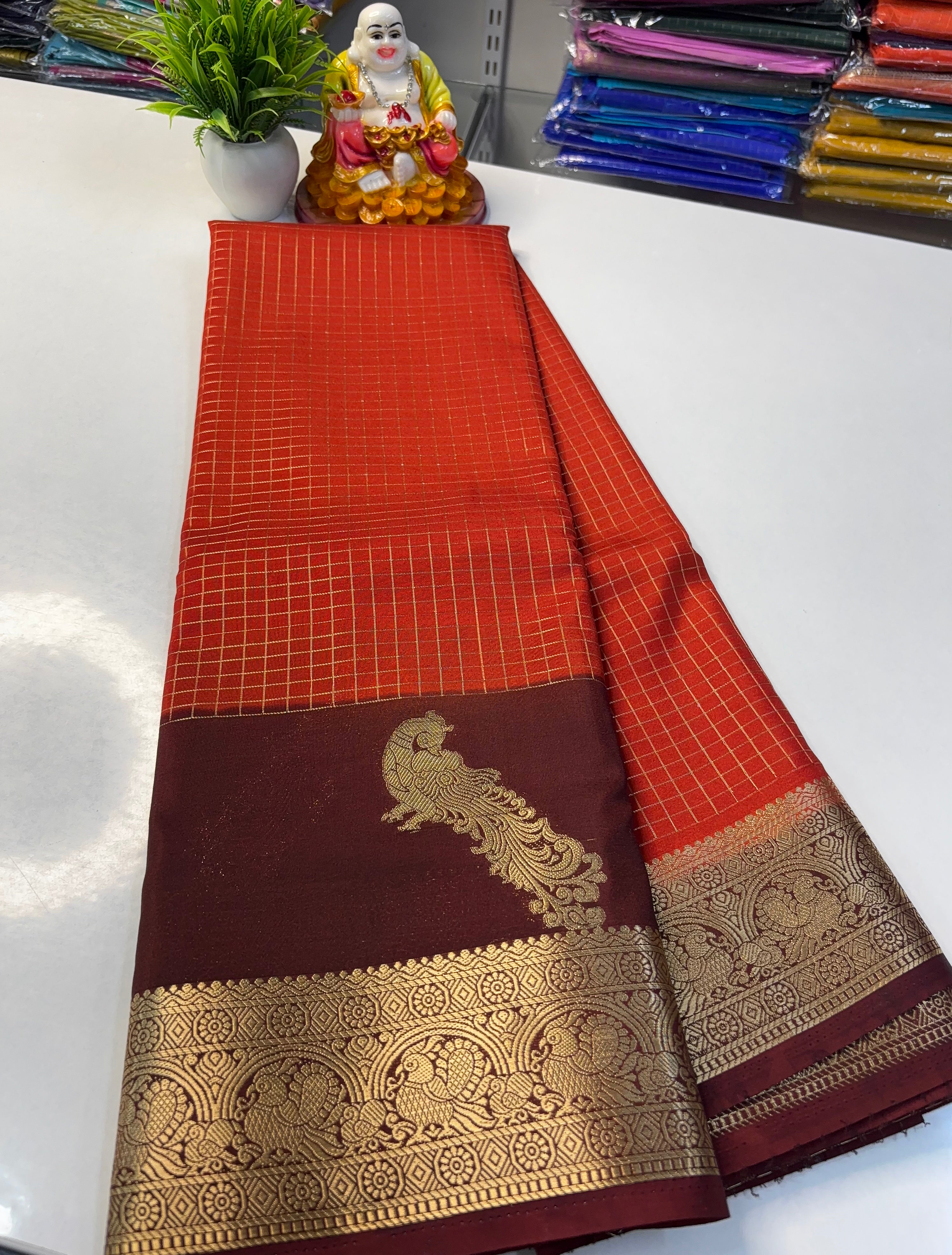 Premium Mysore Crape Silk Saree with Beautiful Mayuri Design & Rich Pallu