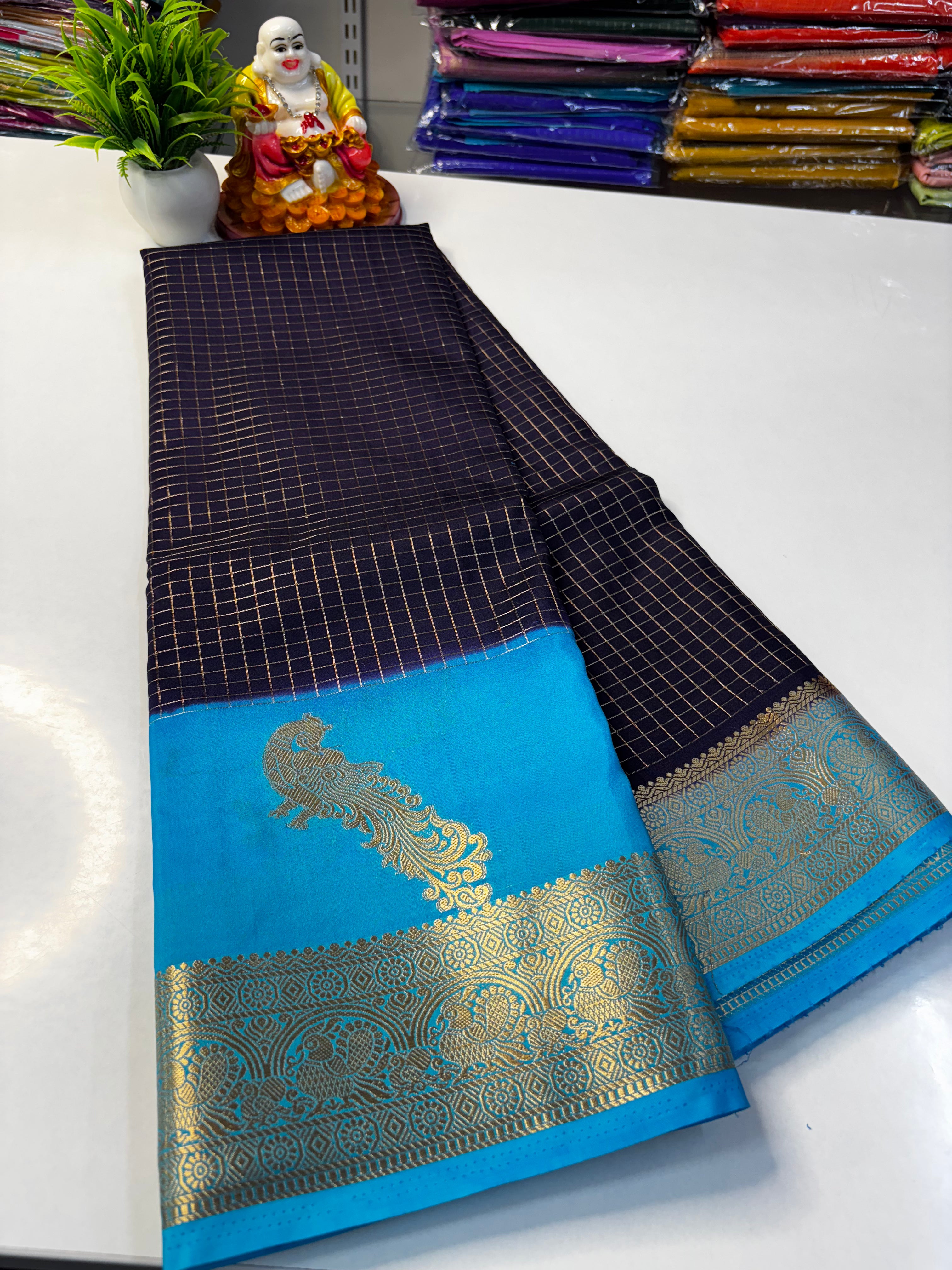 Premium Mysore Crape Silk Saree with Beautiful Mayuri Design & Rich Pallu