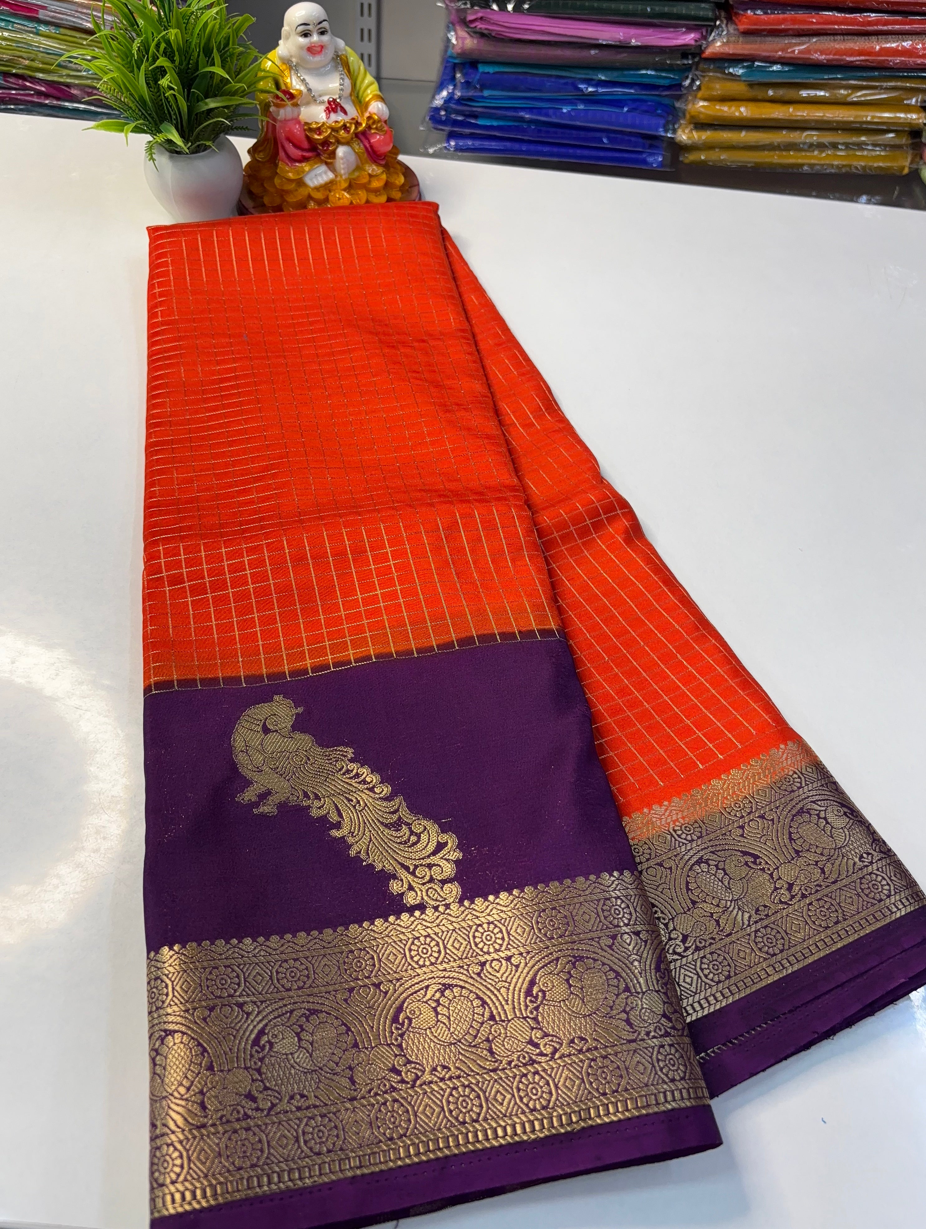 Premium Mysore Crape Silk Saree with Beautiful Mayuri Design & Rich Pallu