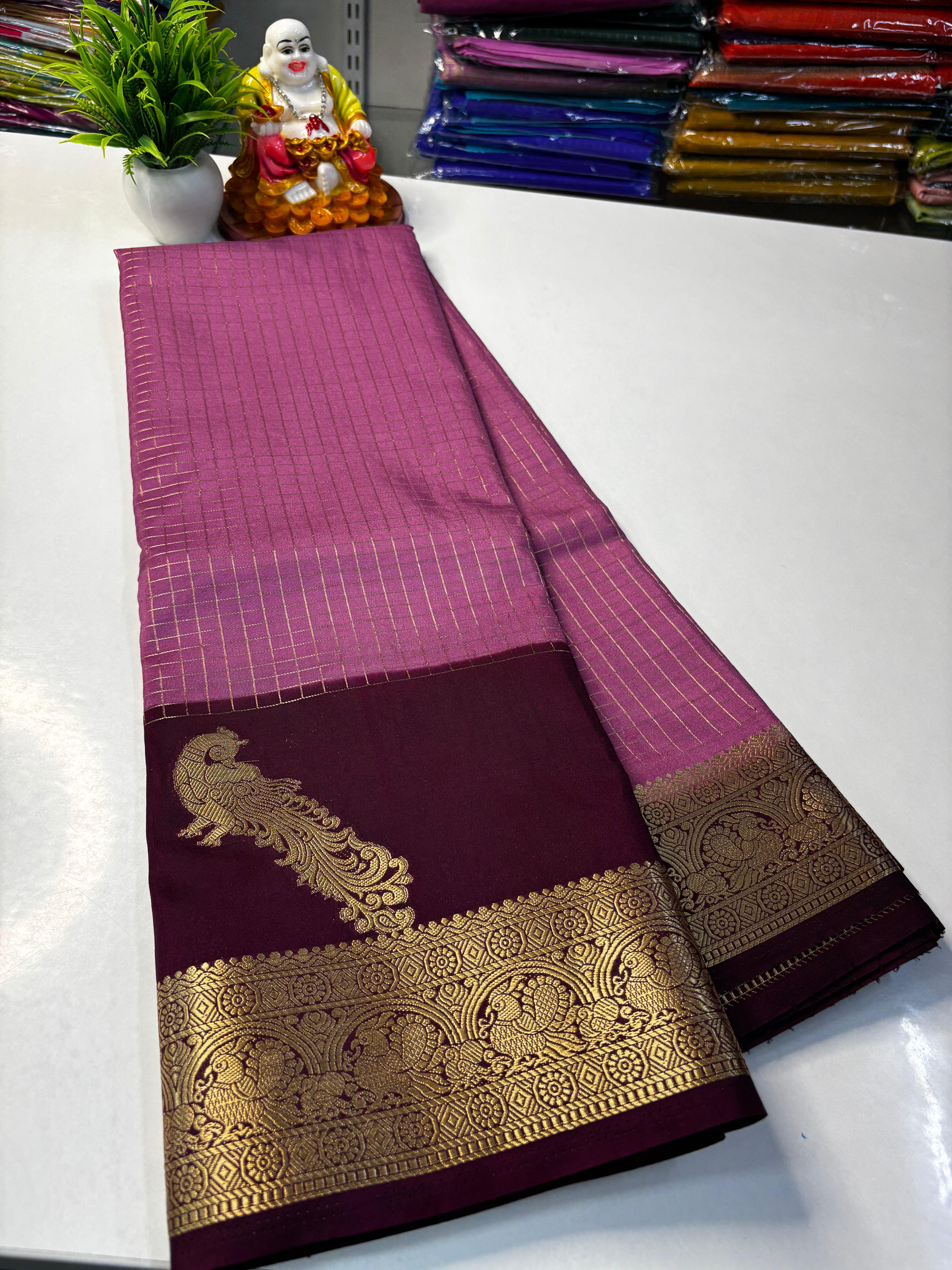 Premium Mysore Crape Silk Saree with Beautiful Mayuri Design & Rich Pallu