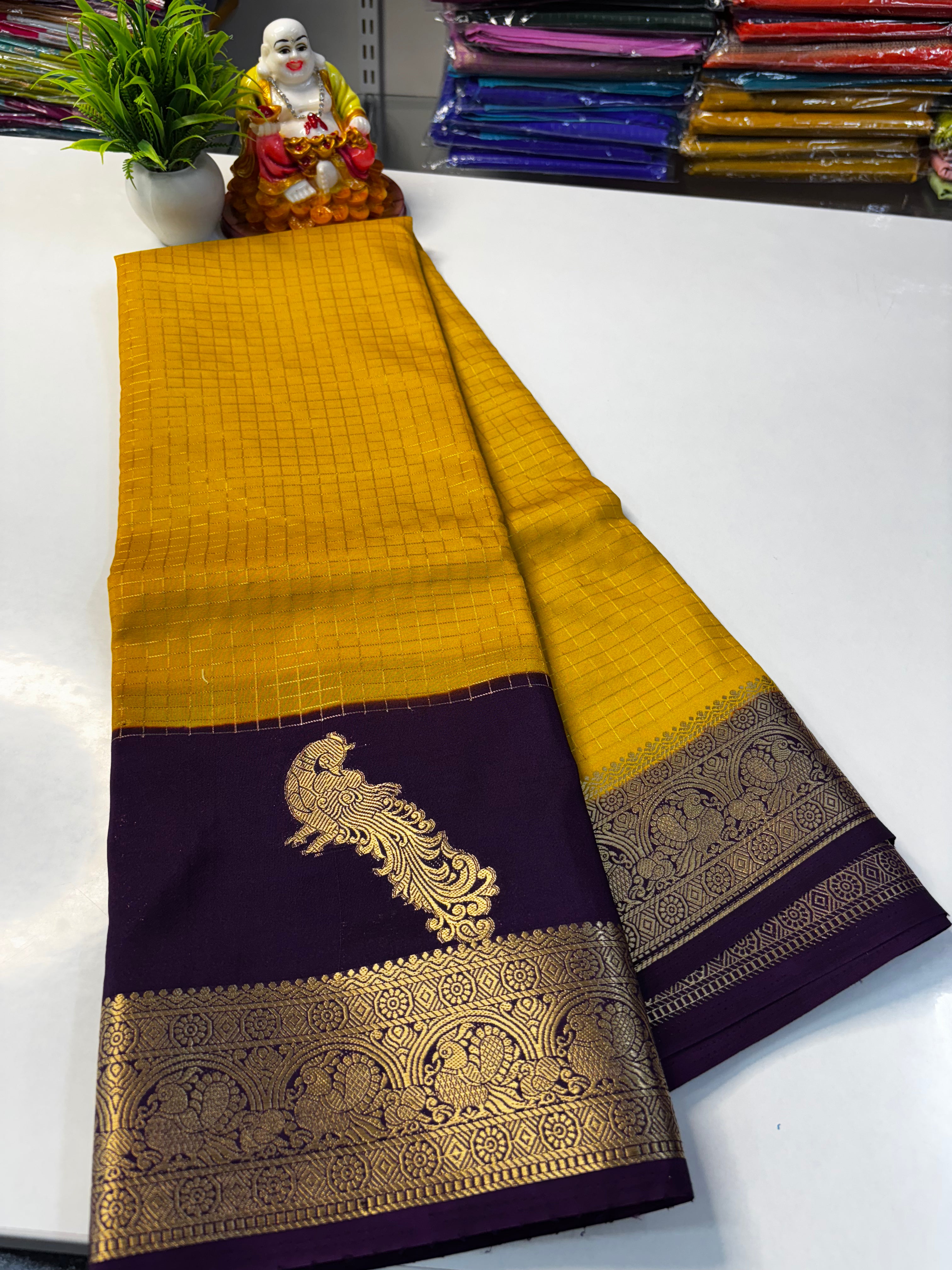 Premium Mysore Crape Silk Saree with Beautiful Mayuri Design & Rich Pallu