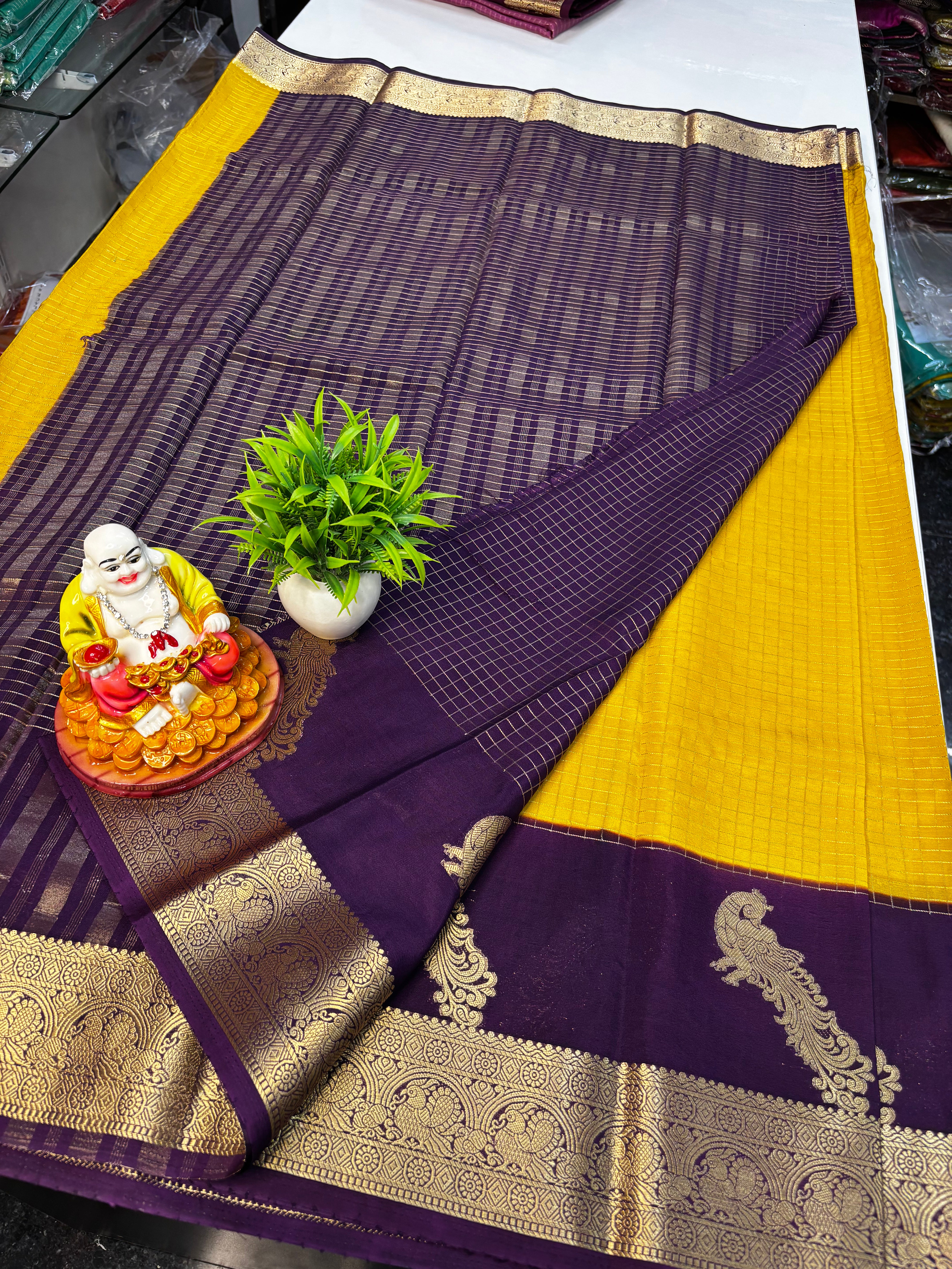 Premium Mysore Crape Silk Saree with Beautiful Mayuri Design & Rich Pallu