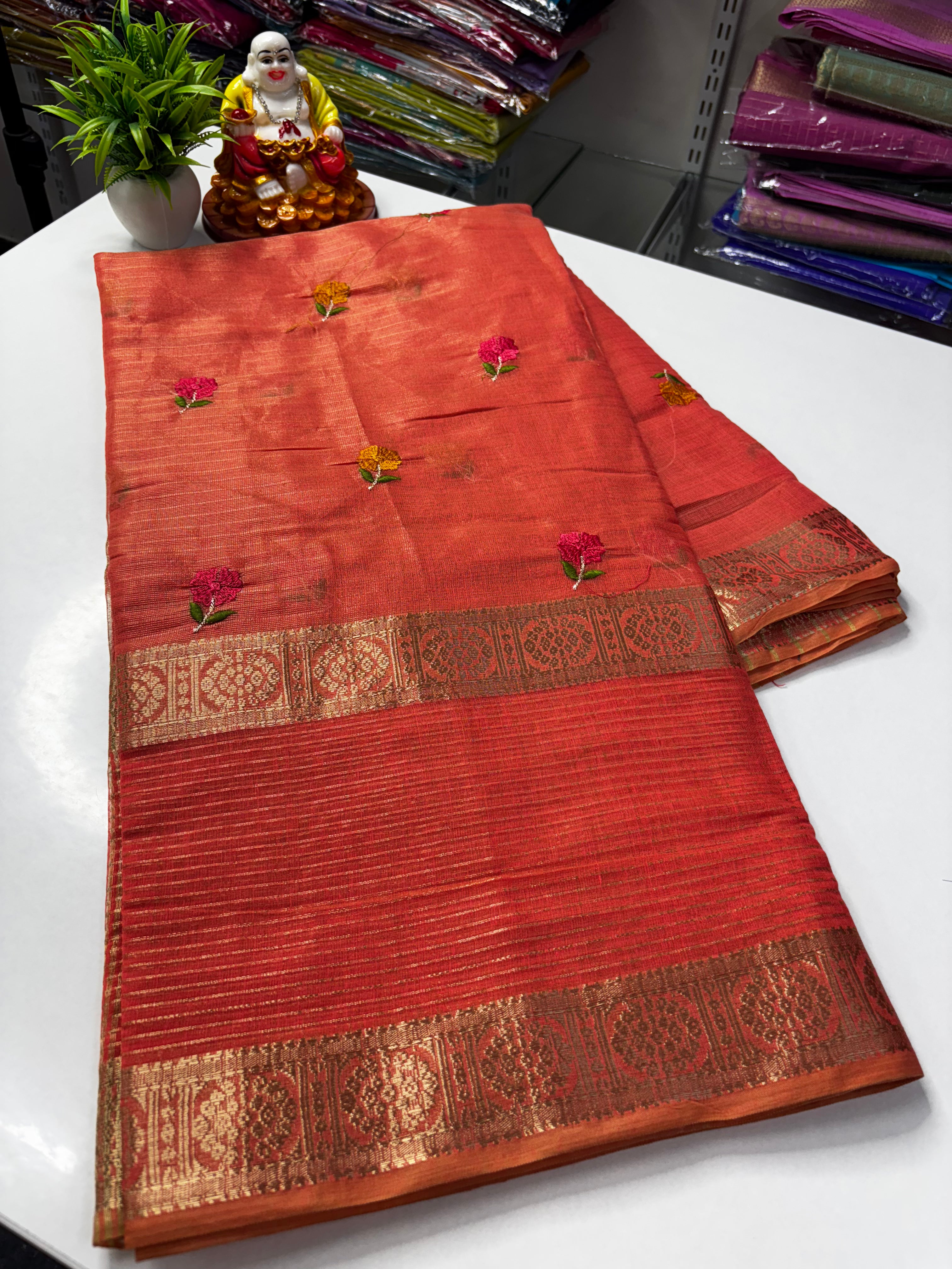 Designer Wear Fancy Linen Blended Saree with Floral Design By Padmavathi Silks and Sarees