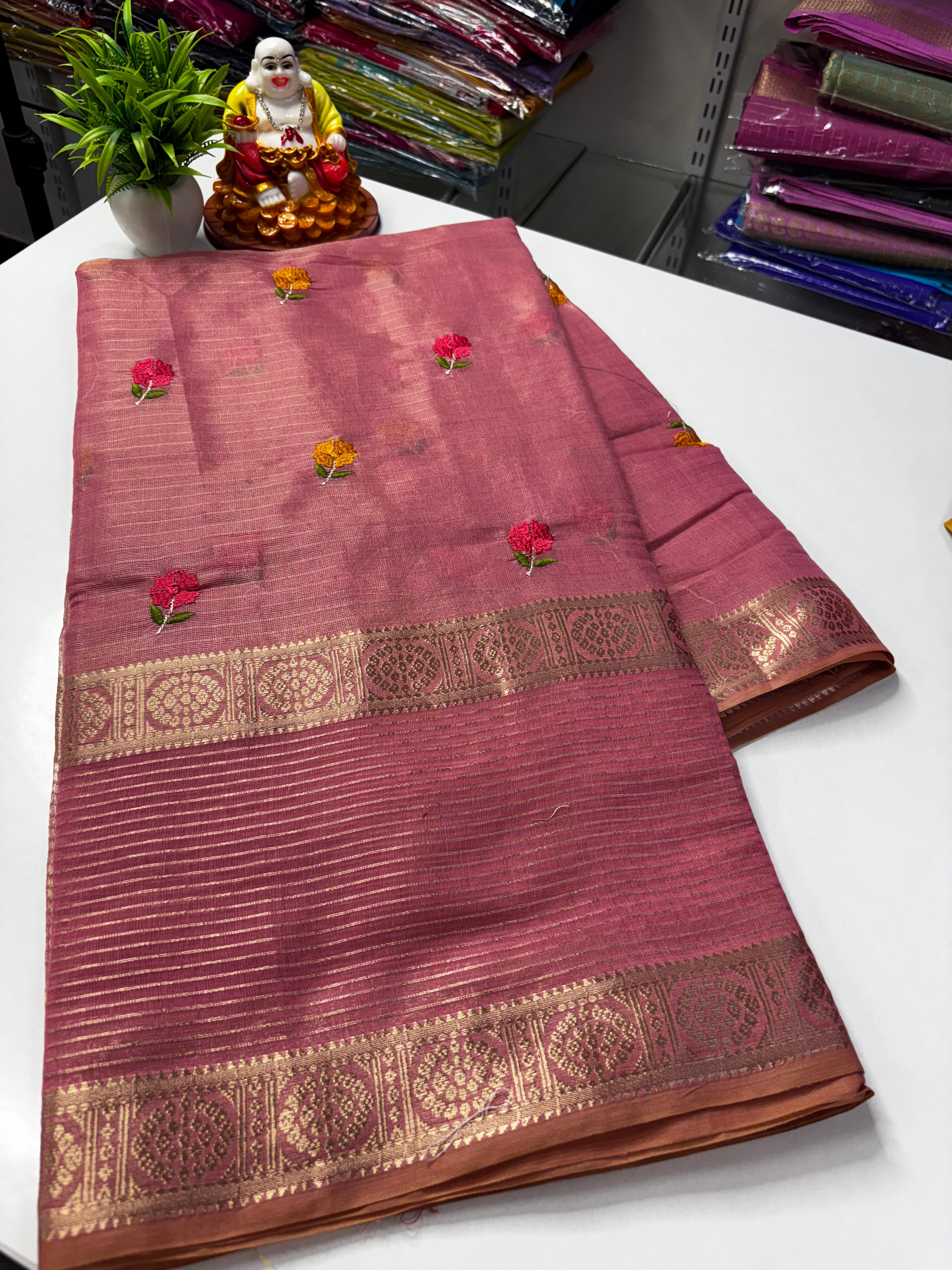 Designer Wear Fancy Linen Blended Saree with Floral Design By Padmavathi Silks and Sarees