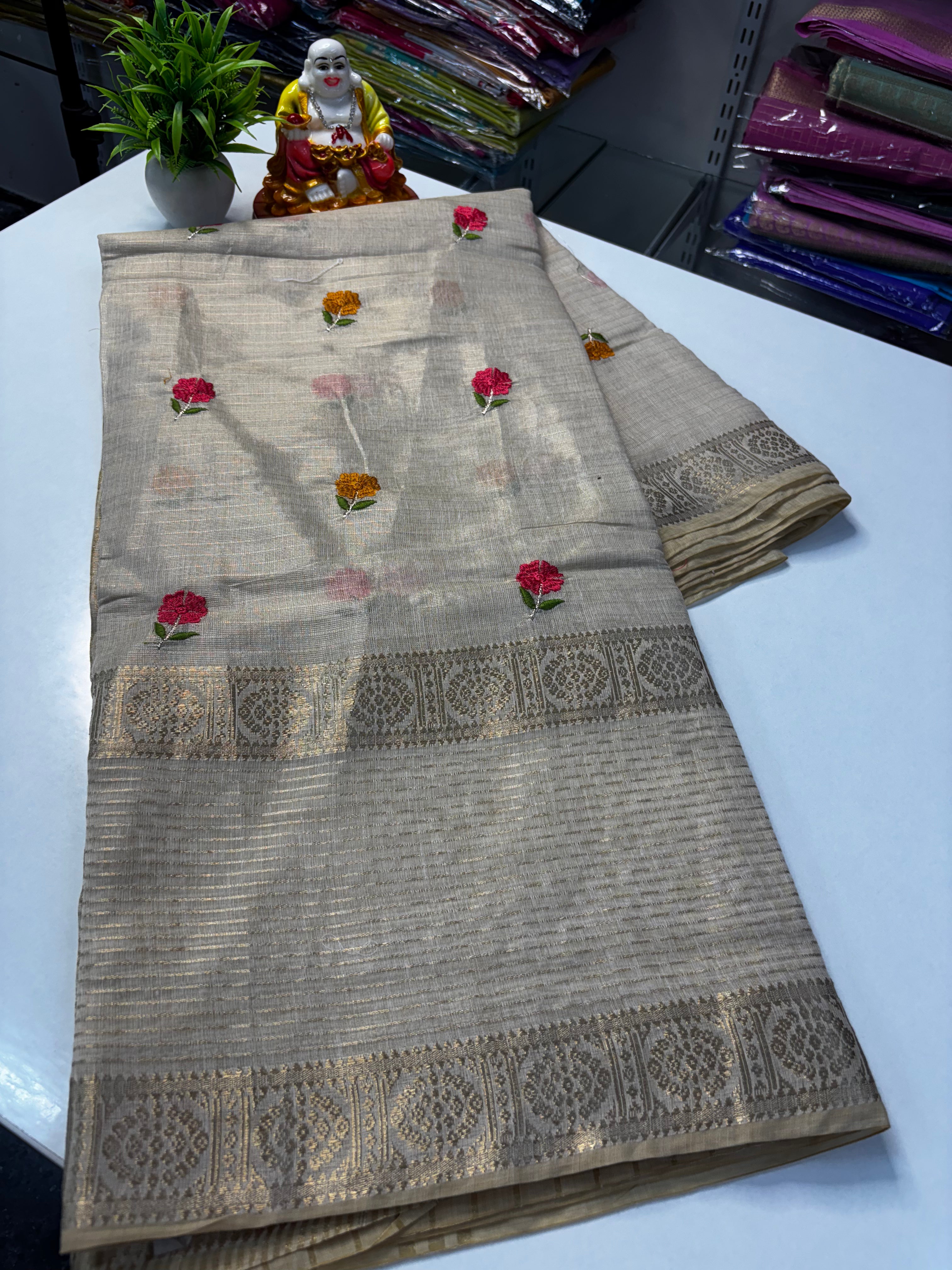 Designer Wear Fancy Linen Blended Saree with Floral Design By Padmavathi Silks and Sarees