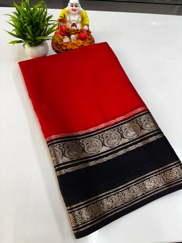 Elegant Semi Crepe Saree with Mango and Peacock Design | Padmavathi Silks and Sarees