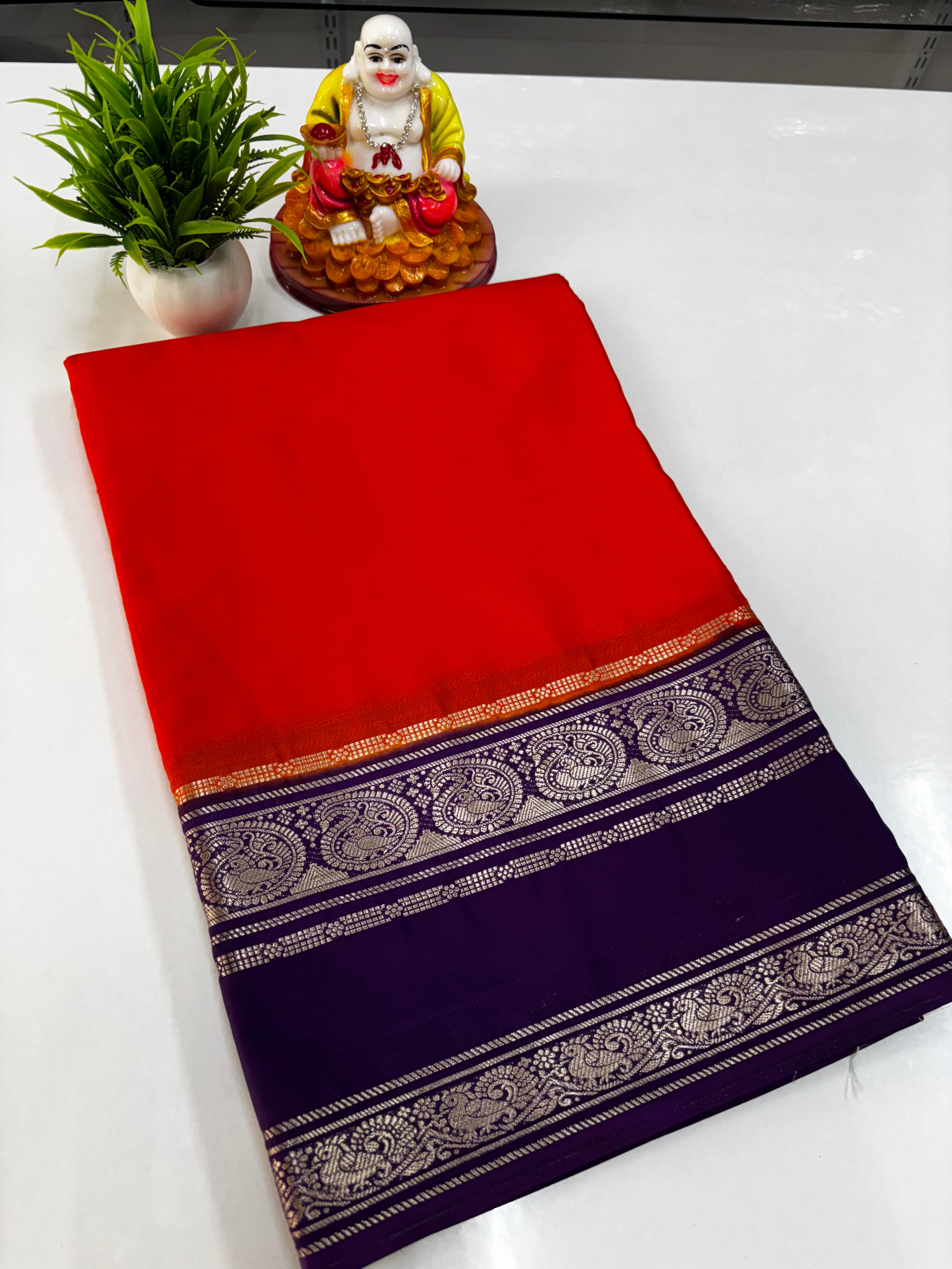 Elegant Semi Crepe Saree with Mango and Peacock Design | Padmavathi Silks and Sarees