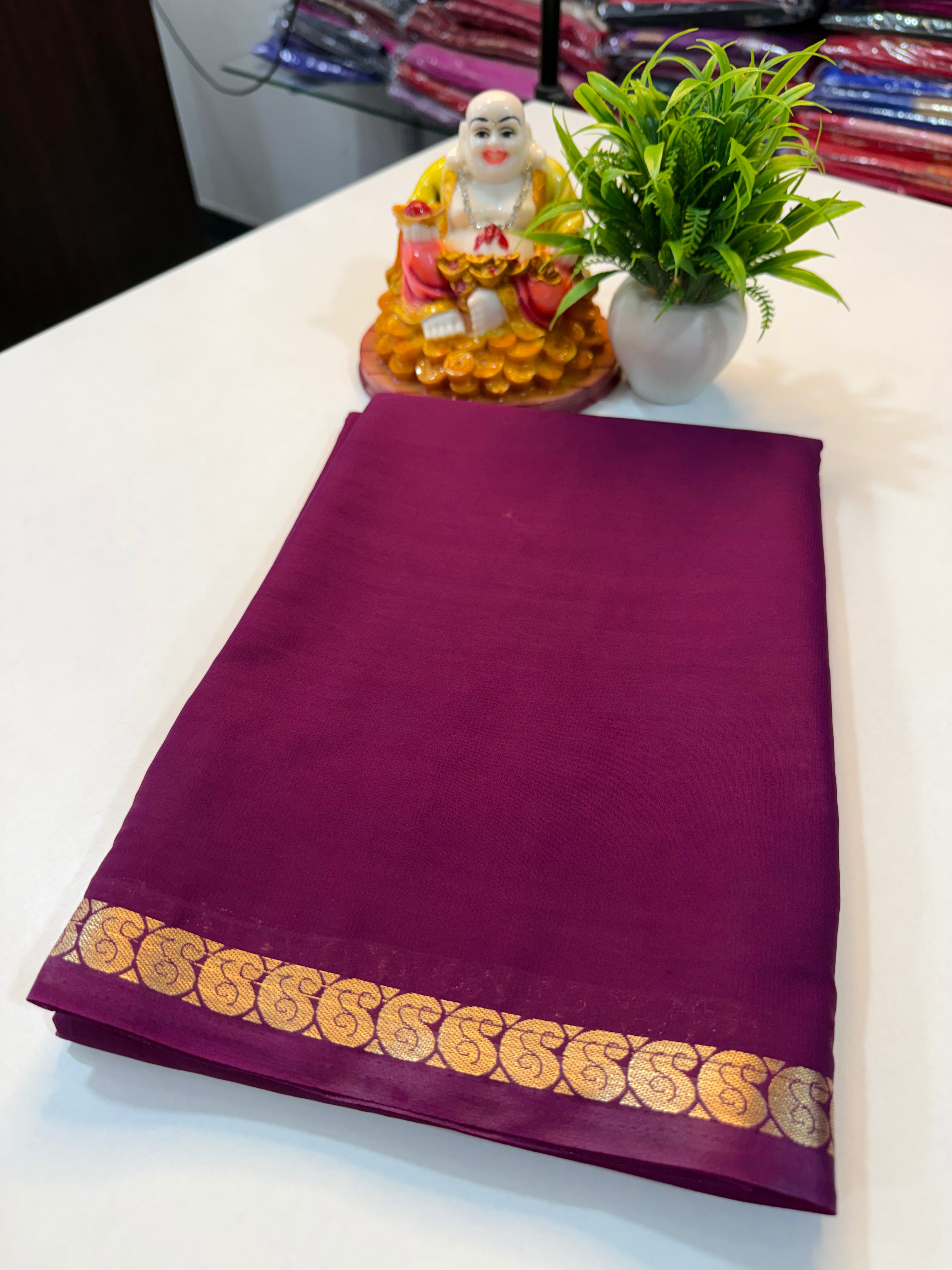 Mysore Crape Silk Saree with Mango Border & Chit Pallu | Padmavathi Silks and Sarees