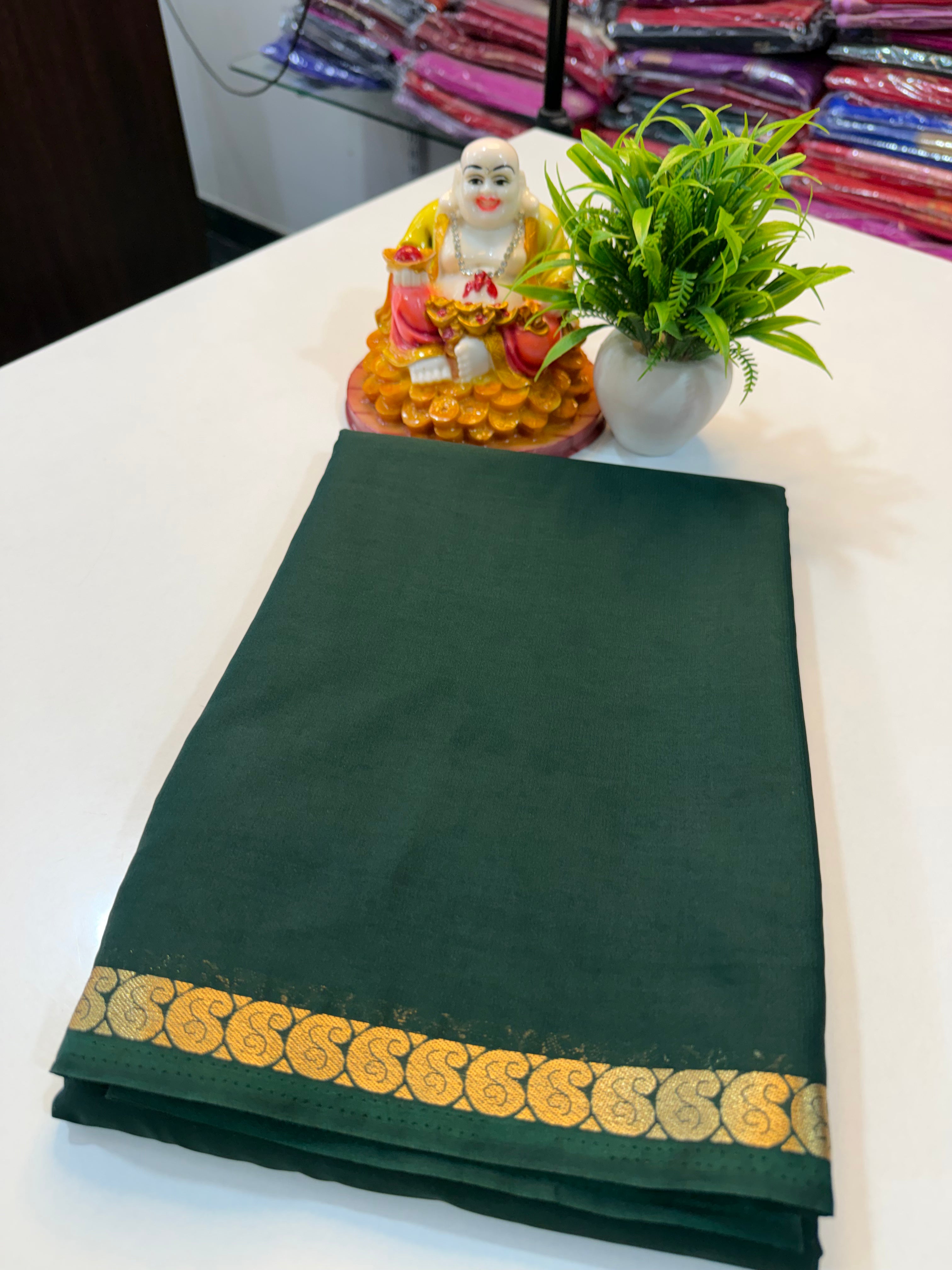 Mysore Crape Silk Saree with Mango Border & Chit Pallu | Padmavathi Silks and Sarees