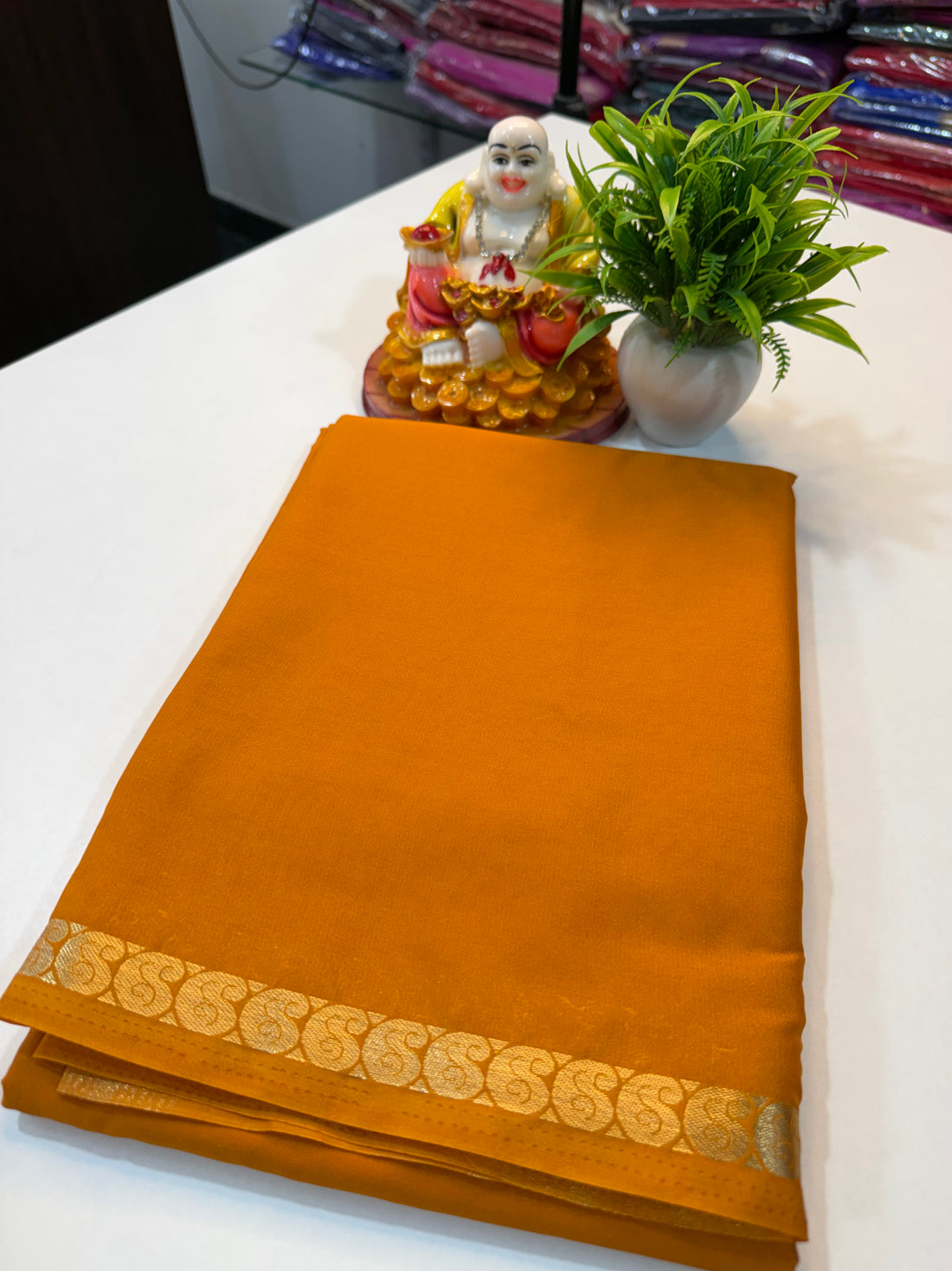 Mysore Crape Silk Saree with Mango Border & Chit Pallu | Padmavathi Silks and Sarees