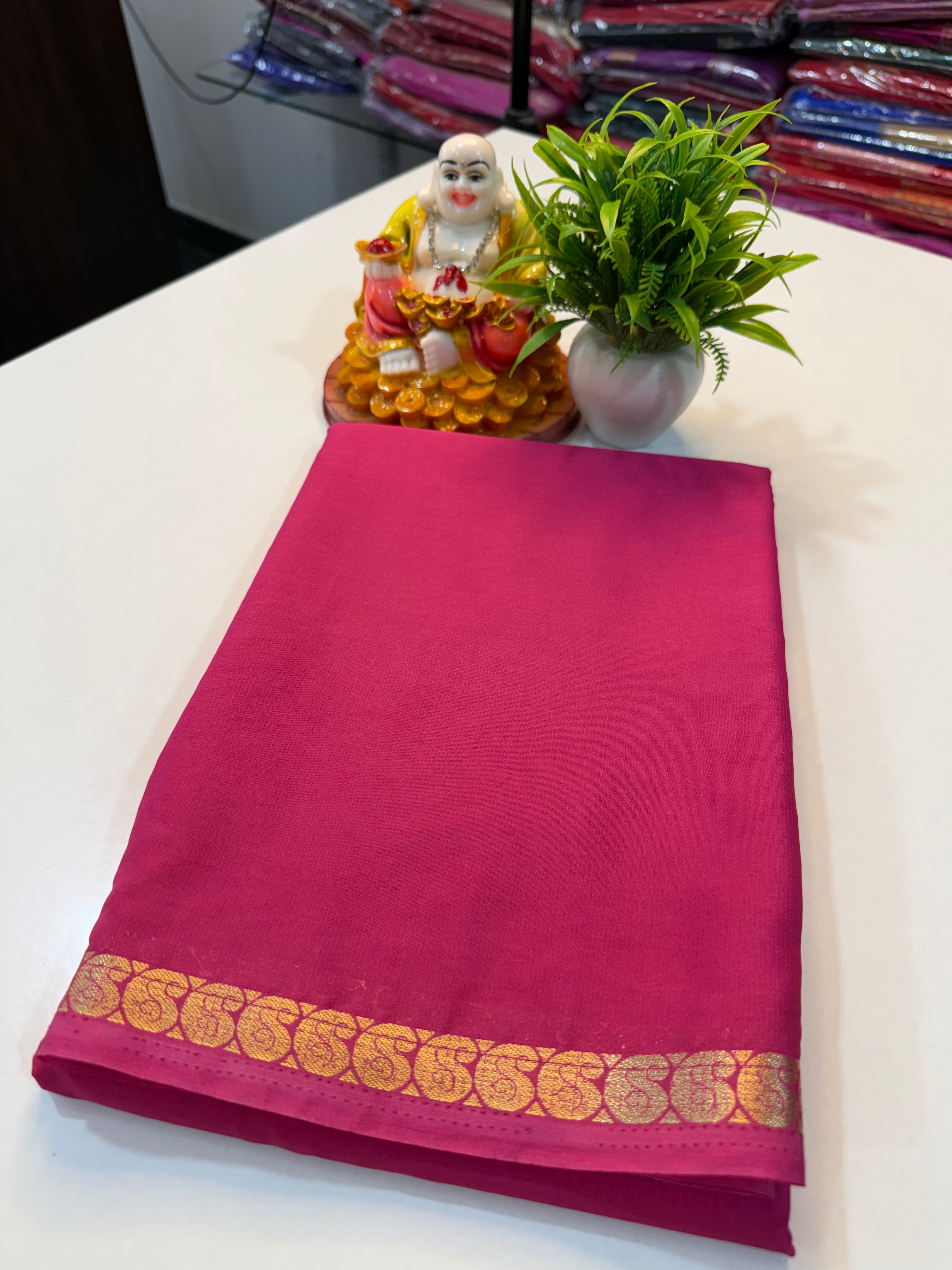Mysore Crape Silk Saree with Mango Border & Chit Pallu | Padmavathi Silks and Sarees