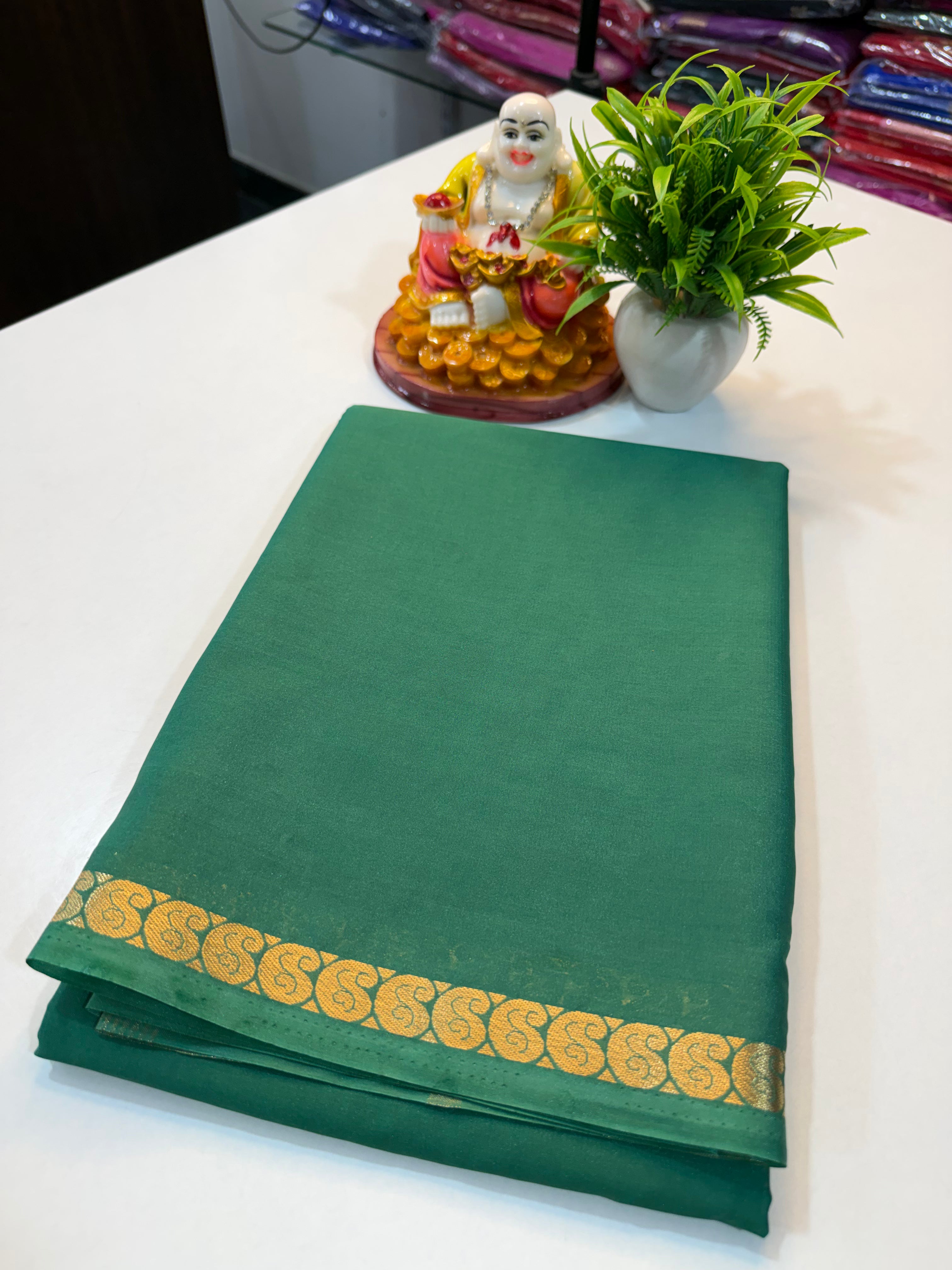 Mysore Crape Silk Saree with Mango Border & Chit Pallu | Padmavathi Silks and Sarees