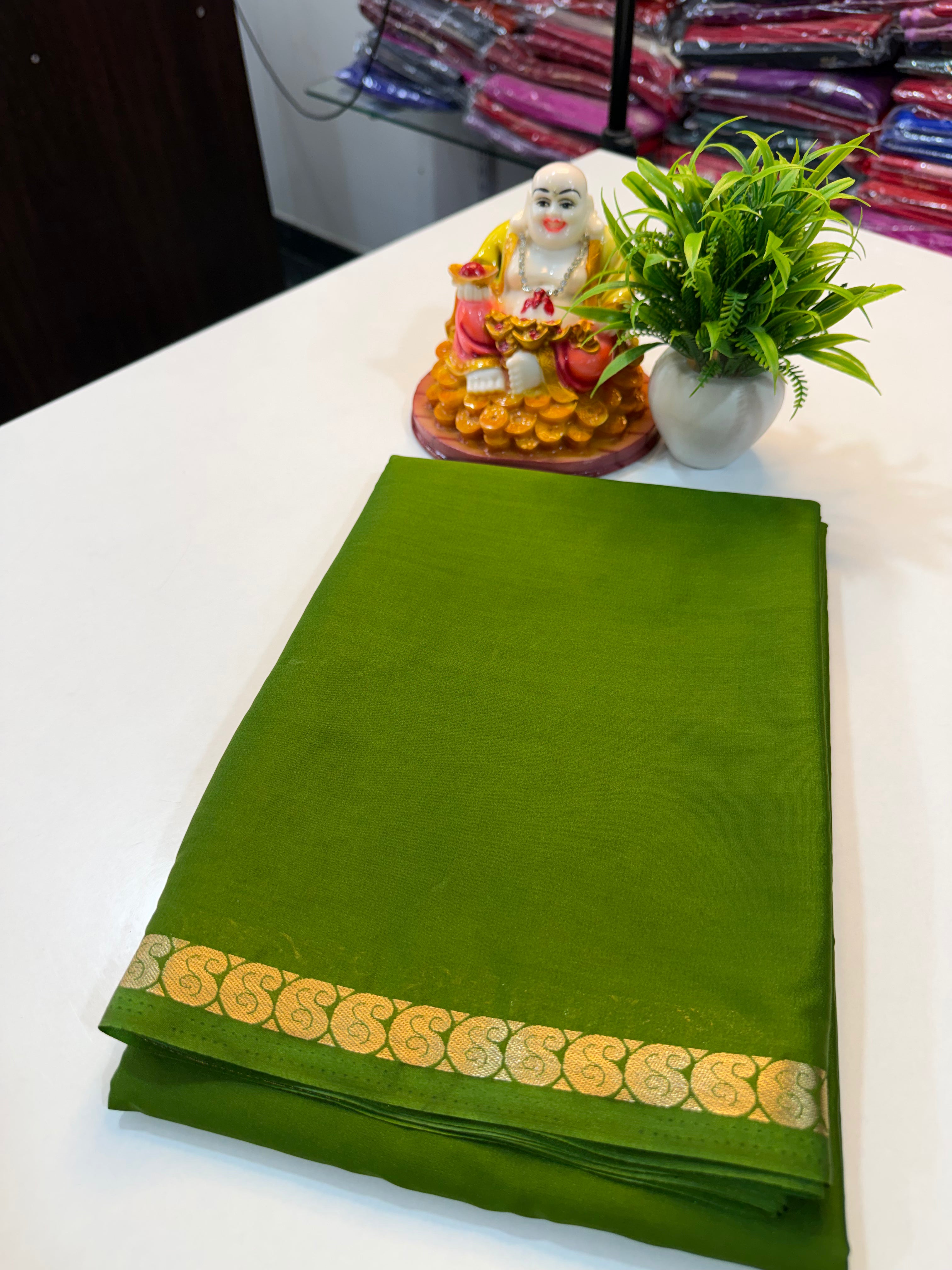 Mysore Crape Silk Saree with Mango Border & Chit Pallu | Padmavathi Silks and Sarees