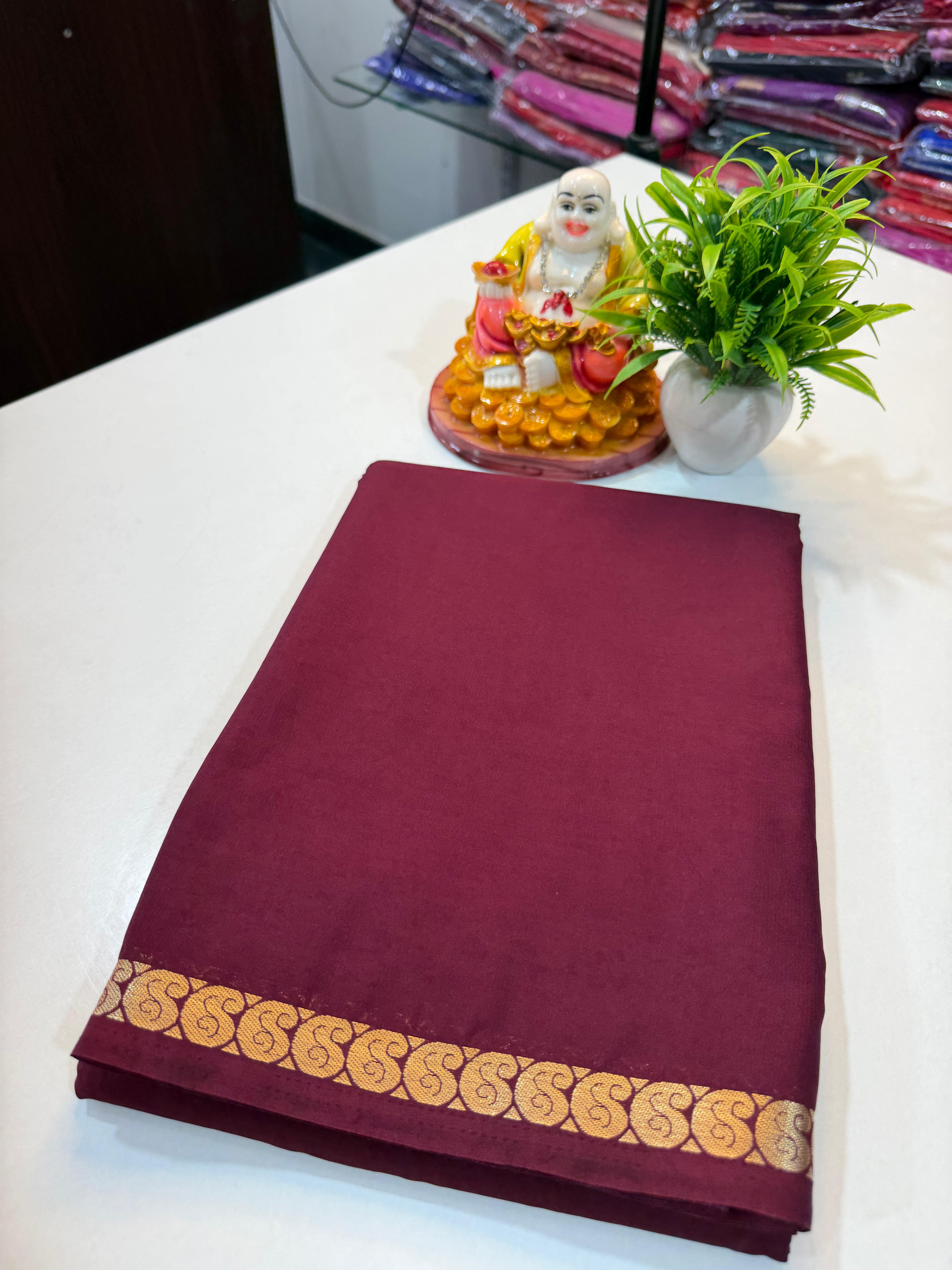 Mysore Crape Silk Saree with Mango Border & Chit Pallu | Padmavathi Silks and Sarees