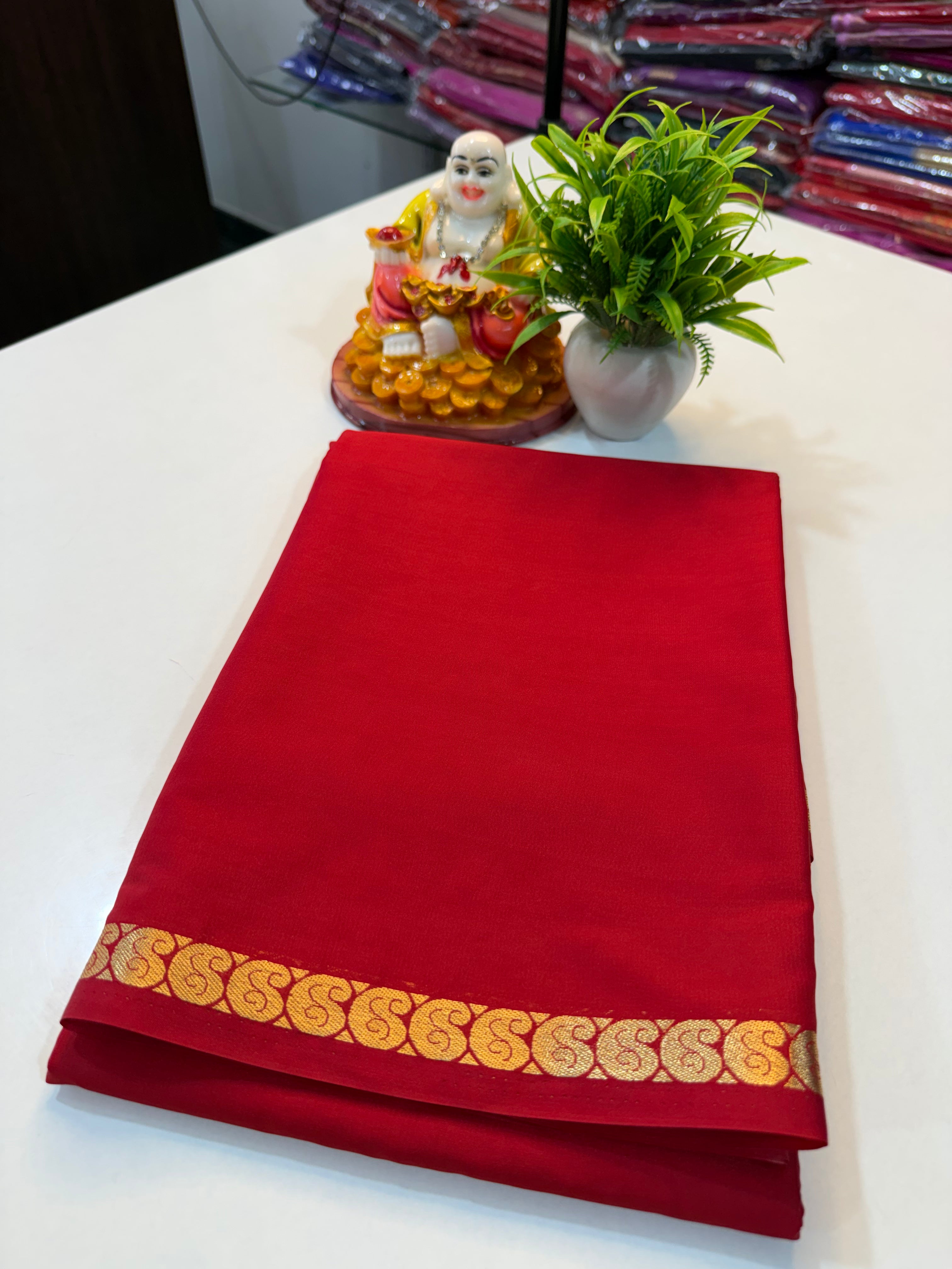Mysore Crape Silk Saree with Mango Border & Chit Pallu | Padmavathi Silks and Sarees