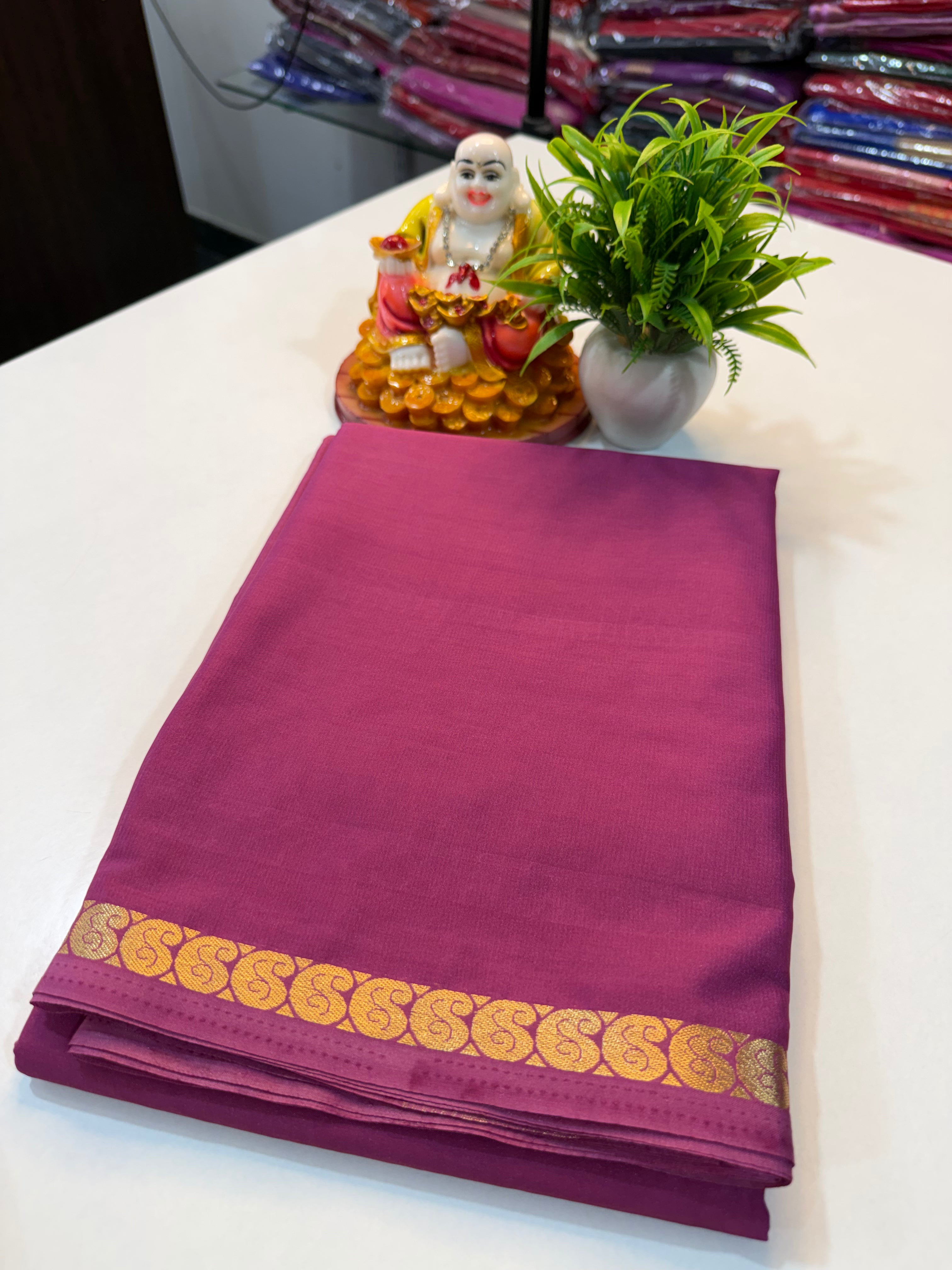 Mysore Crape Silk Saree with Mango Border & Chit Pallu | Padmavathi Silks and Sarees