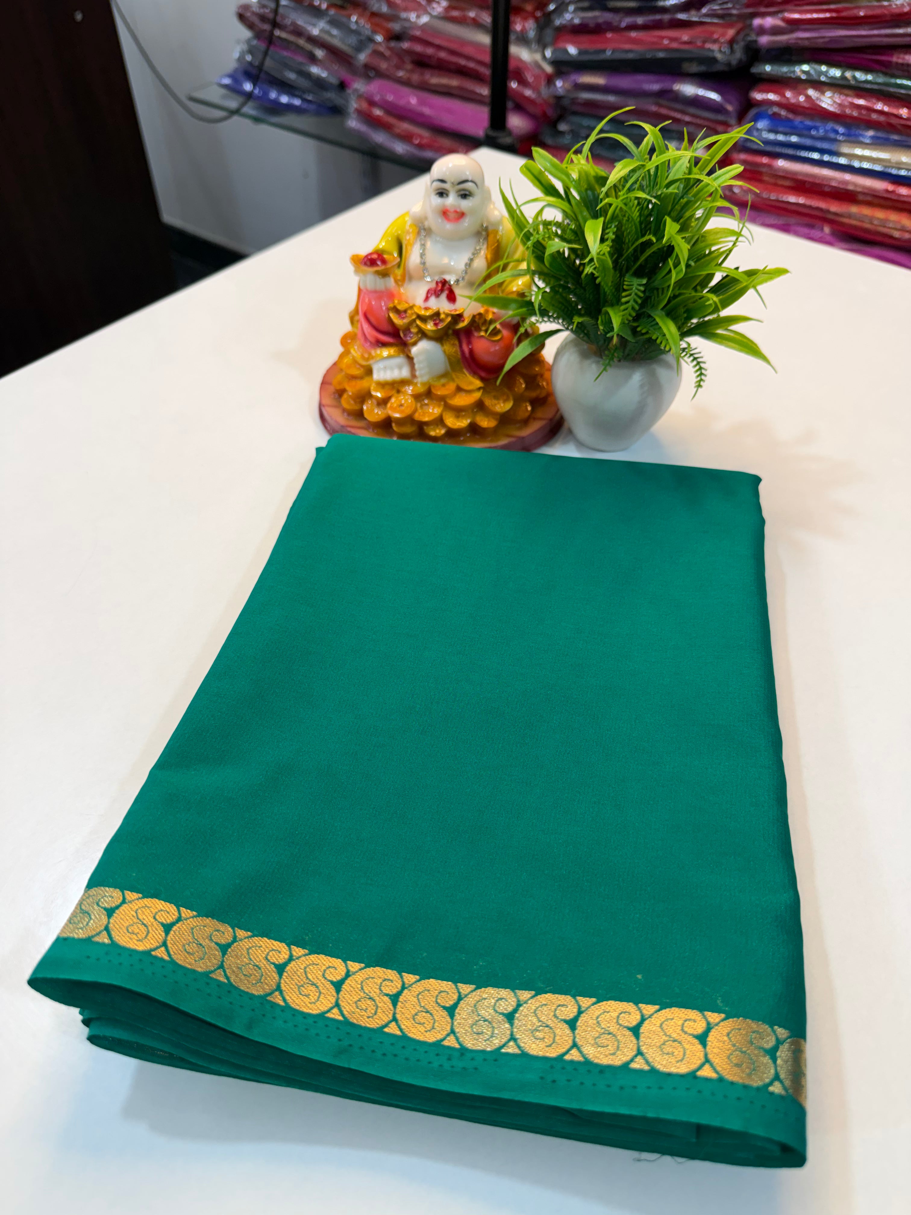 Mysore Crape Silk Saree with Mango Border & Chit Pallu | Padmavathi Silks and Sarees