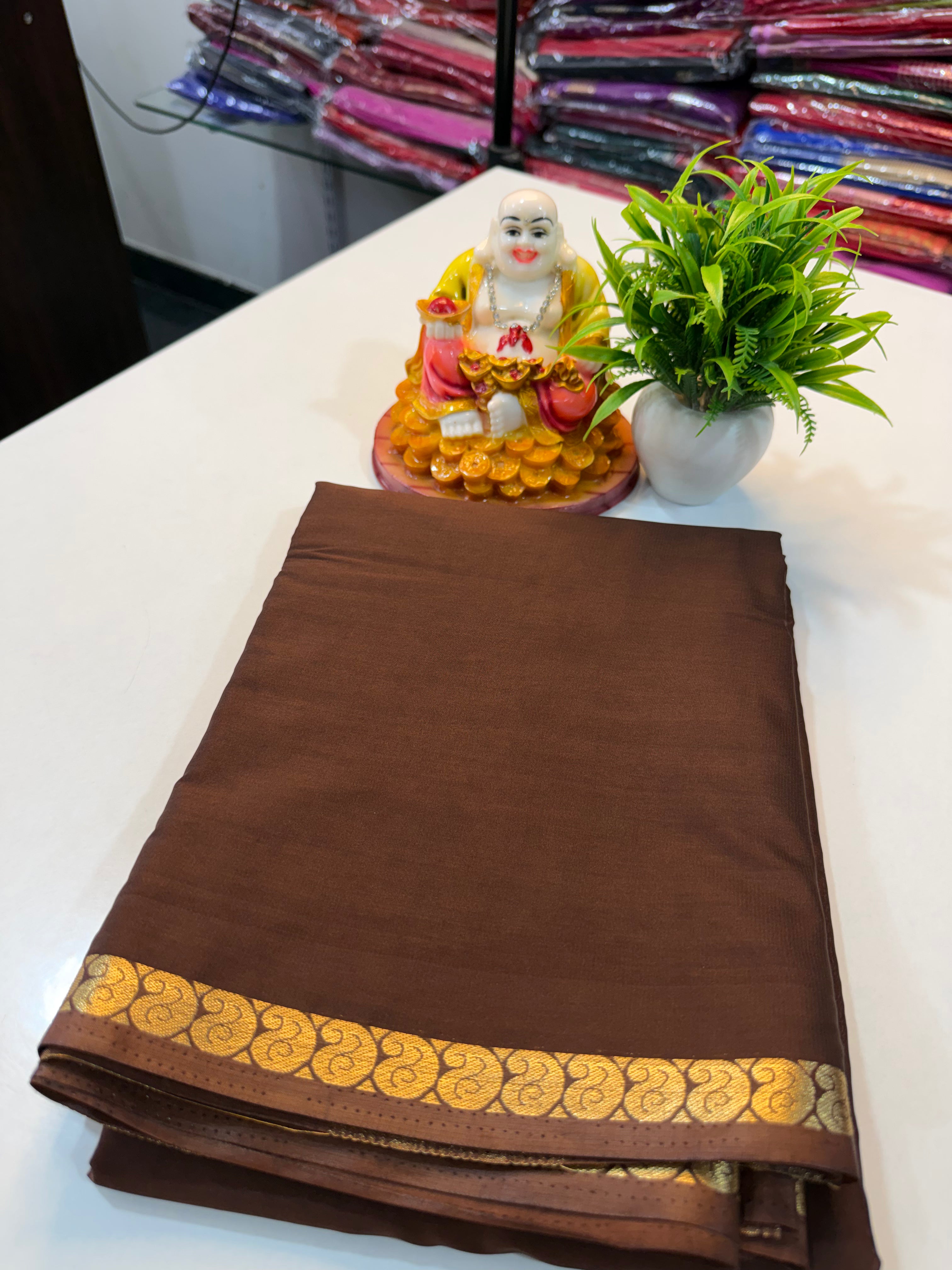 Mysore Crape Silk Saree with Mango Border & Chit Pallu | Padmavathi Silks and Sarees
