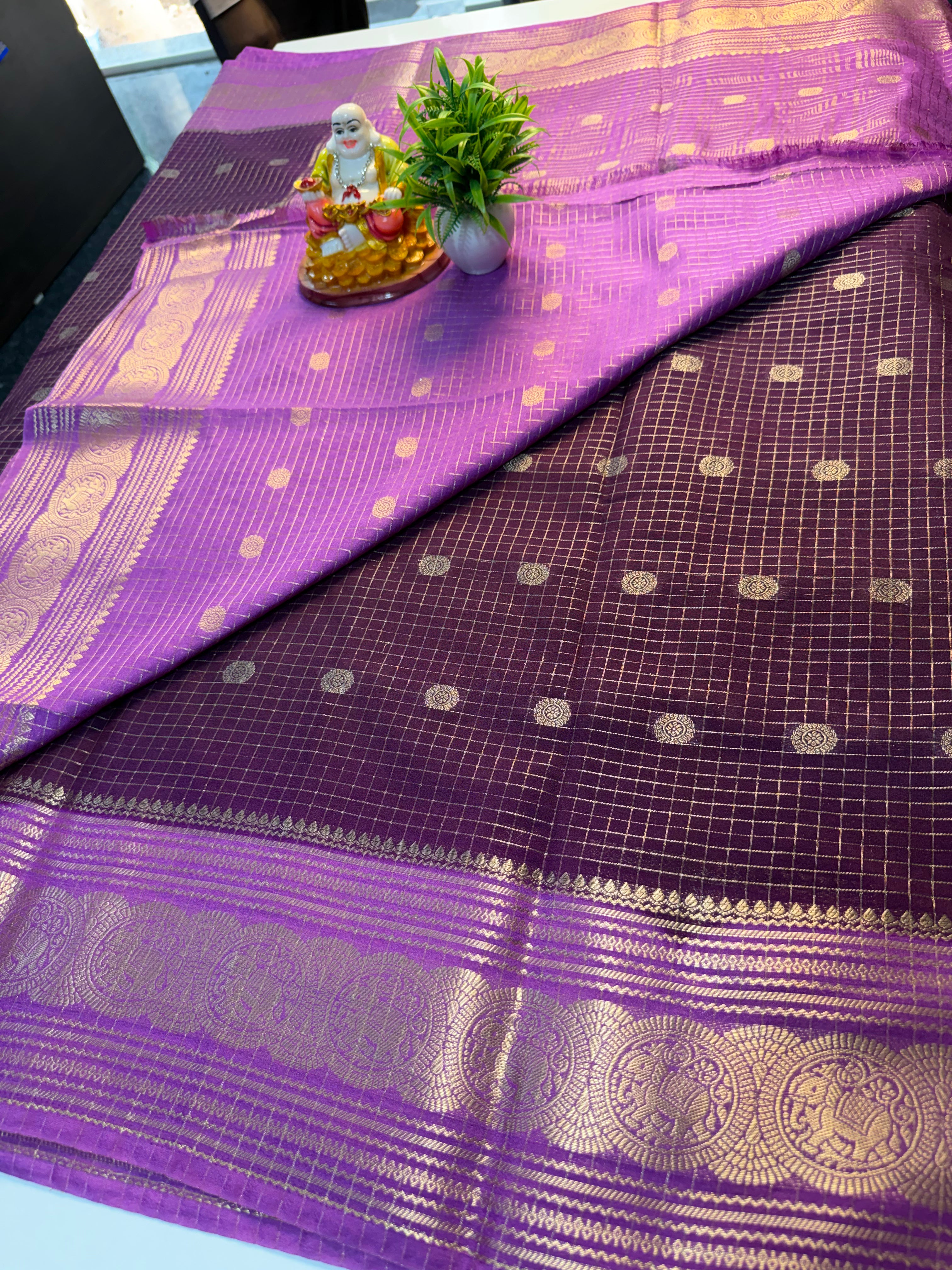 Mysore Crepe Silk Saree with Elephant Border, Checks, Buttas & Rich Pallu | Padmavathi Silks and Sarees….