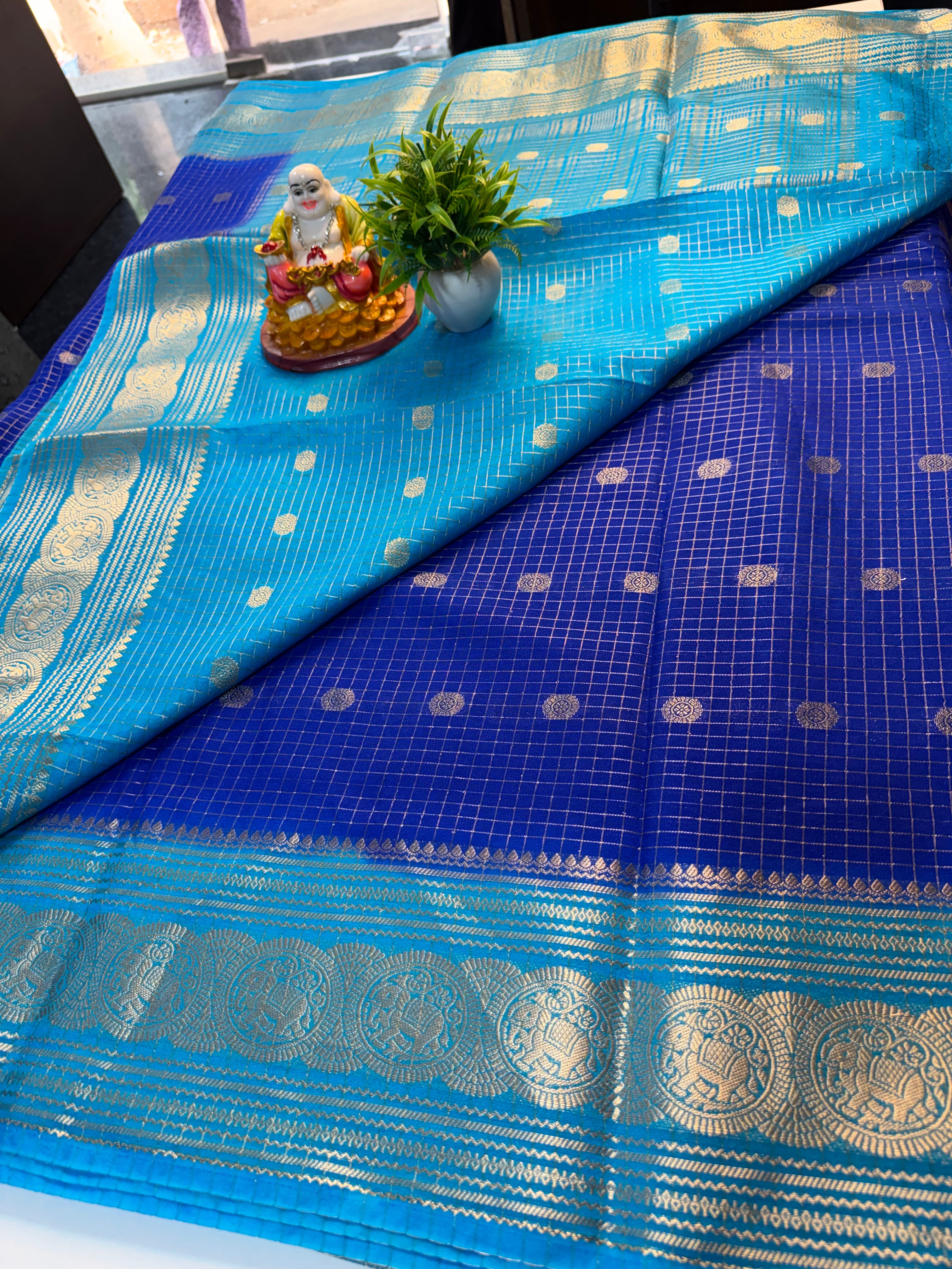 Mysore Crepe Silk Saree with Elephant Border, Checks, Buttas & Rich Pallu | Padmavathi Silks and Sarees….