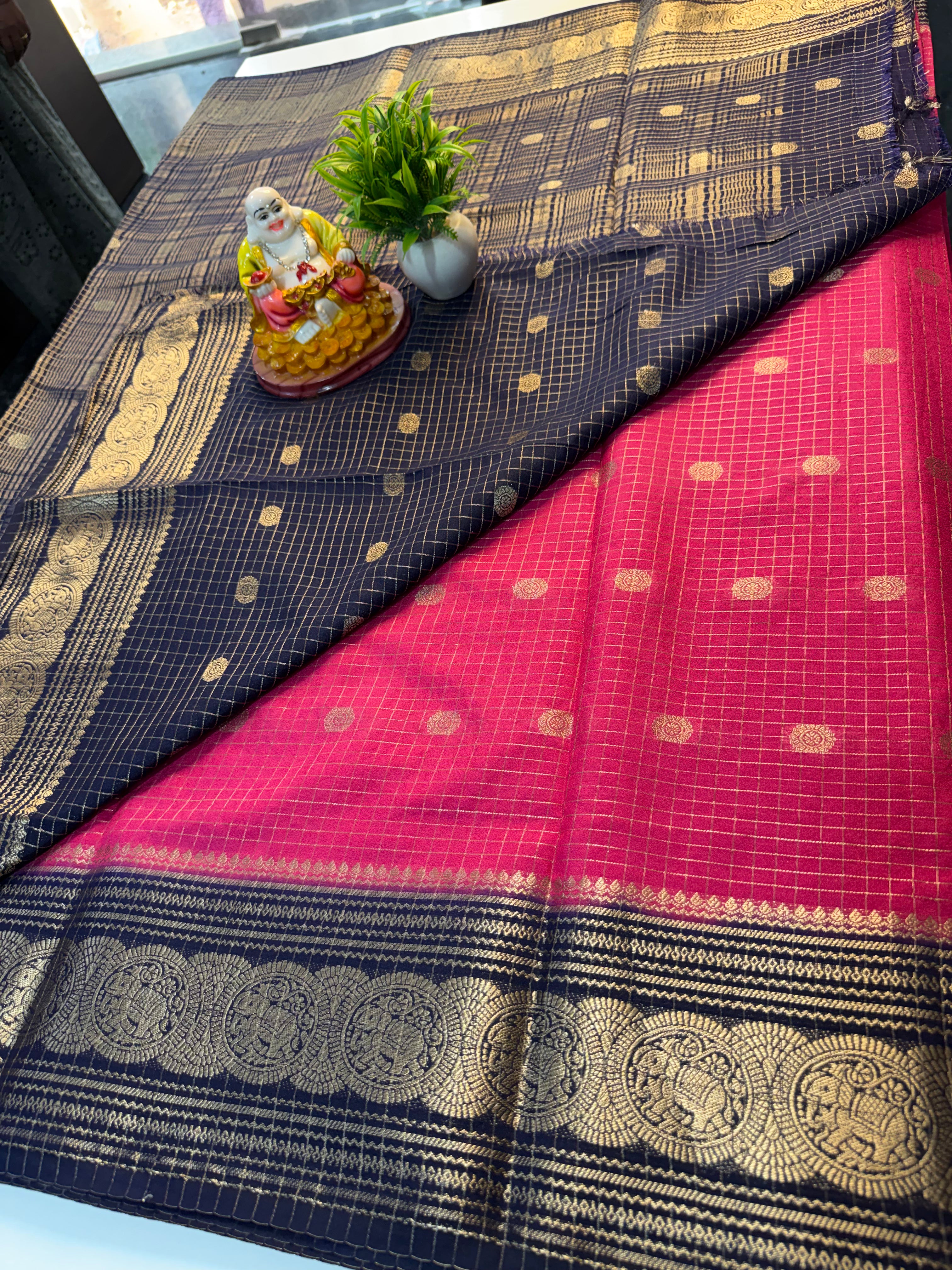 Mysore Crepe Silk Saree with Elephant Border, Checks, Buttas & Rich Pallu | Padmavathi Silks and Sarees….