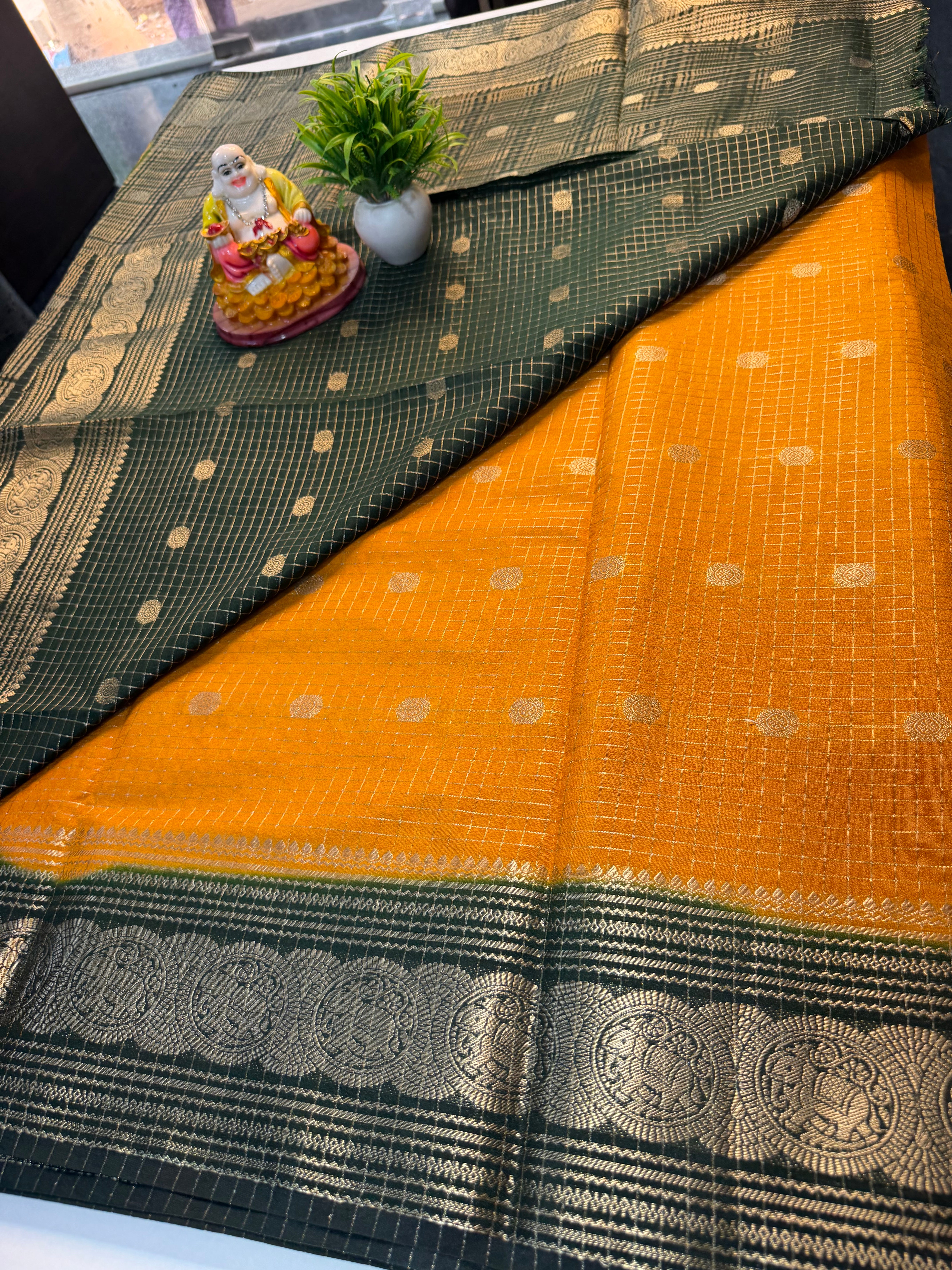 Mysore Crepe Silk Saree with Elephant Border, Checks, Buttas & Rich Pallu | Padmavathi Silks and Sarees….