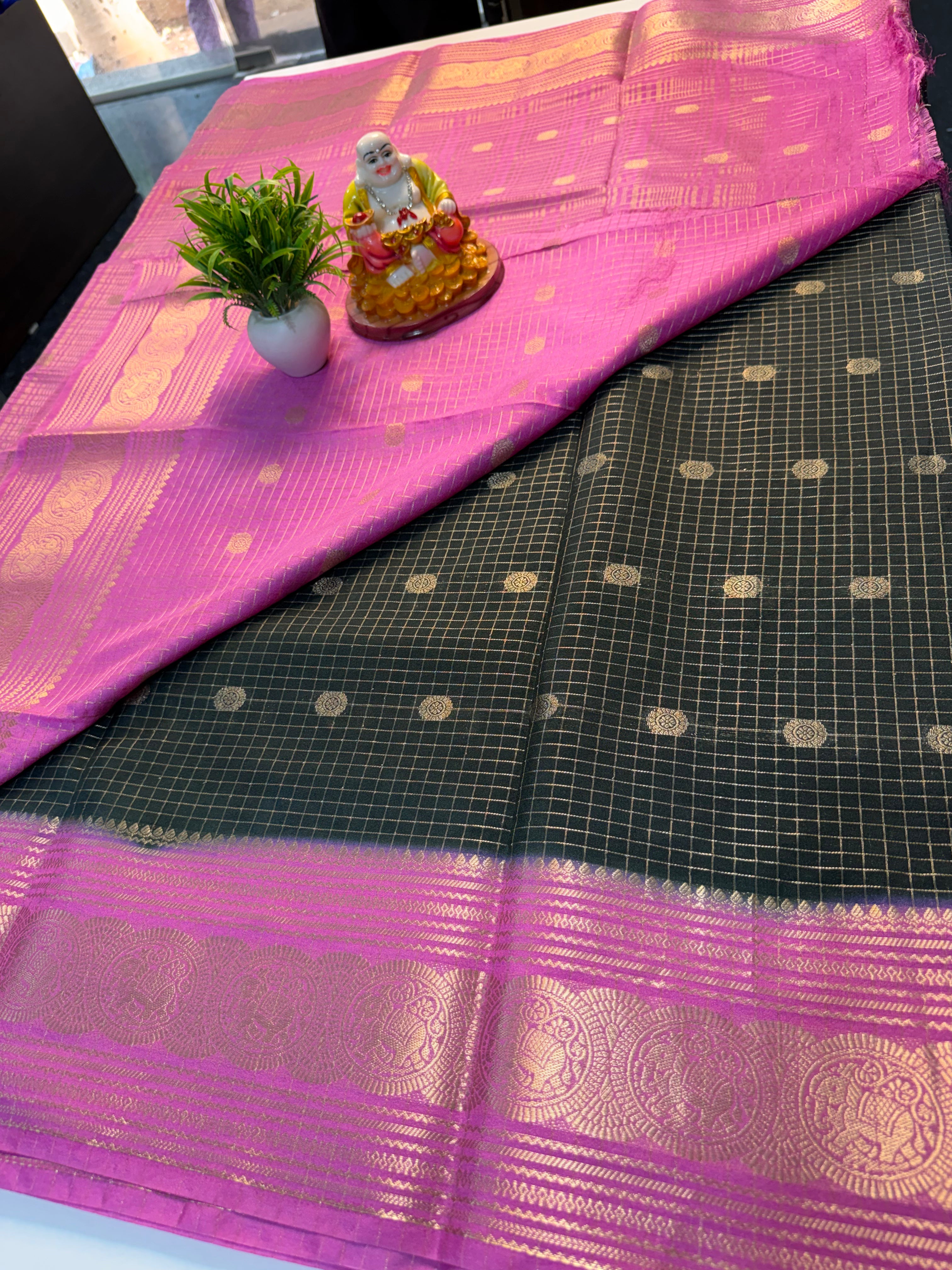 Mysore Crepe Silk Saree with Elephant Border, Checks, Buttas & Rich Pallu | Padmavathi Silks and Sarees….