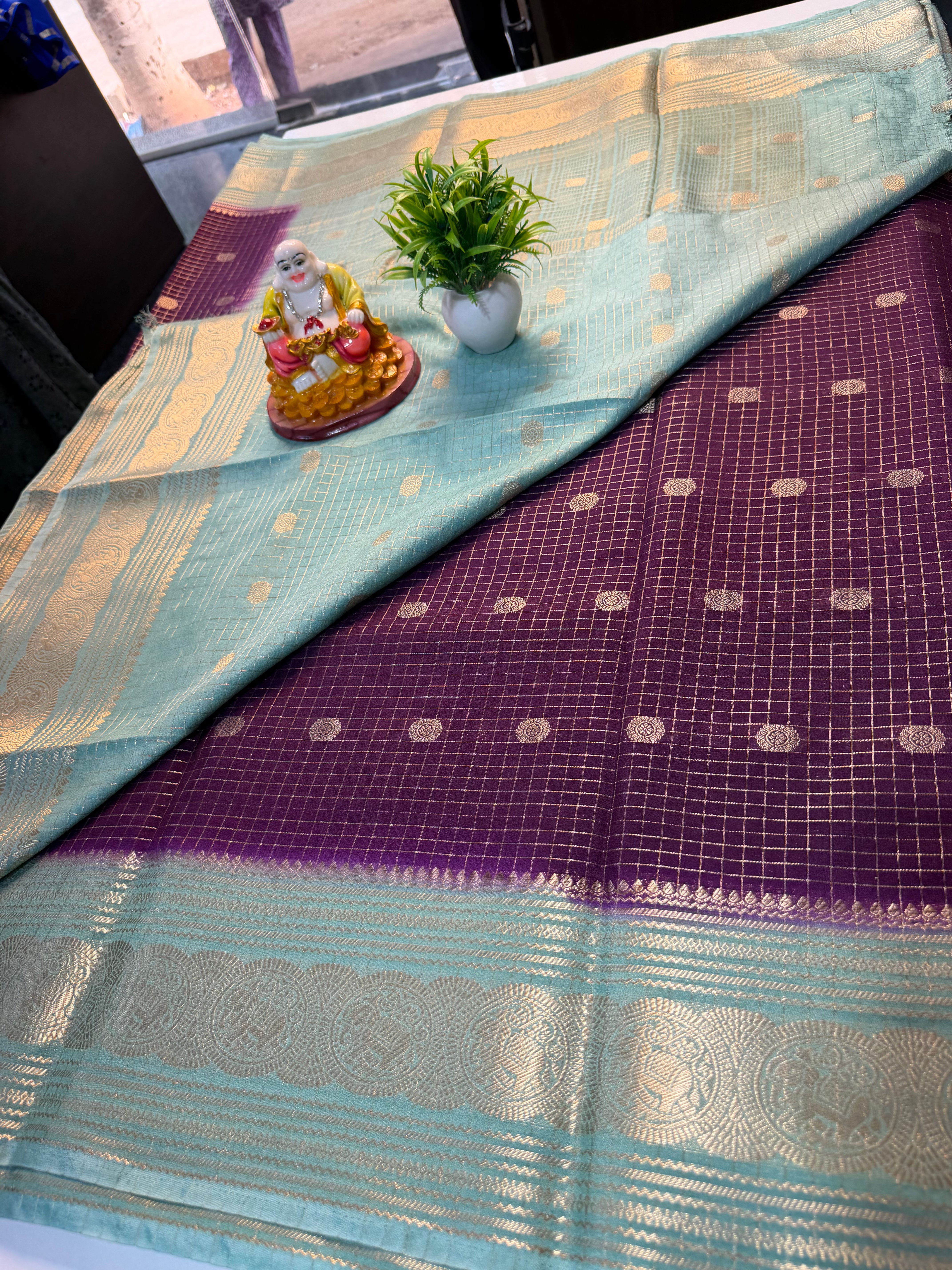 Mysore Crepe Silk Saree with Elephant Border, Checks, Buttas & Rich Pallu | Padmavathi Silks and Sarees….