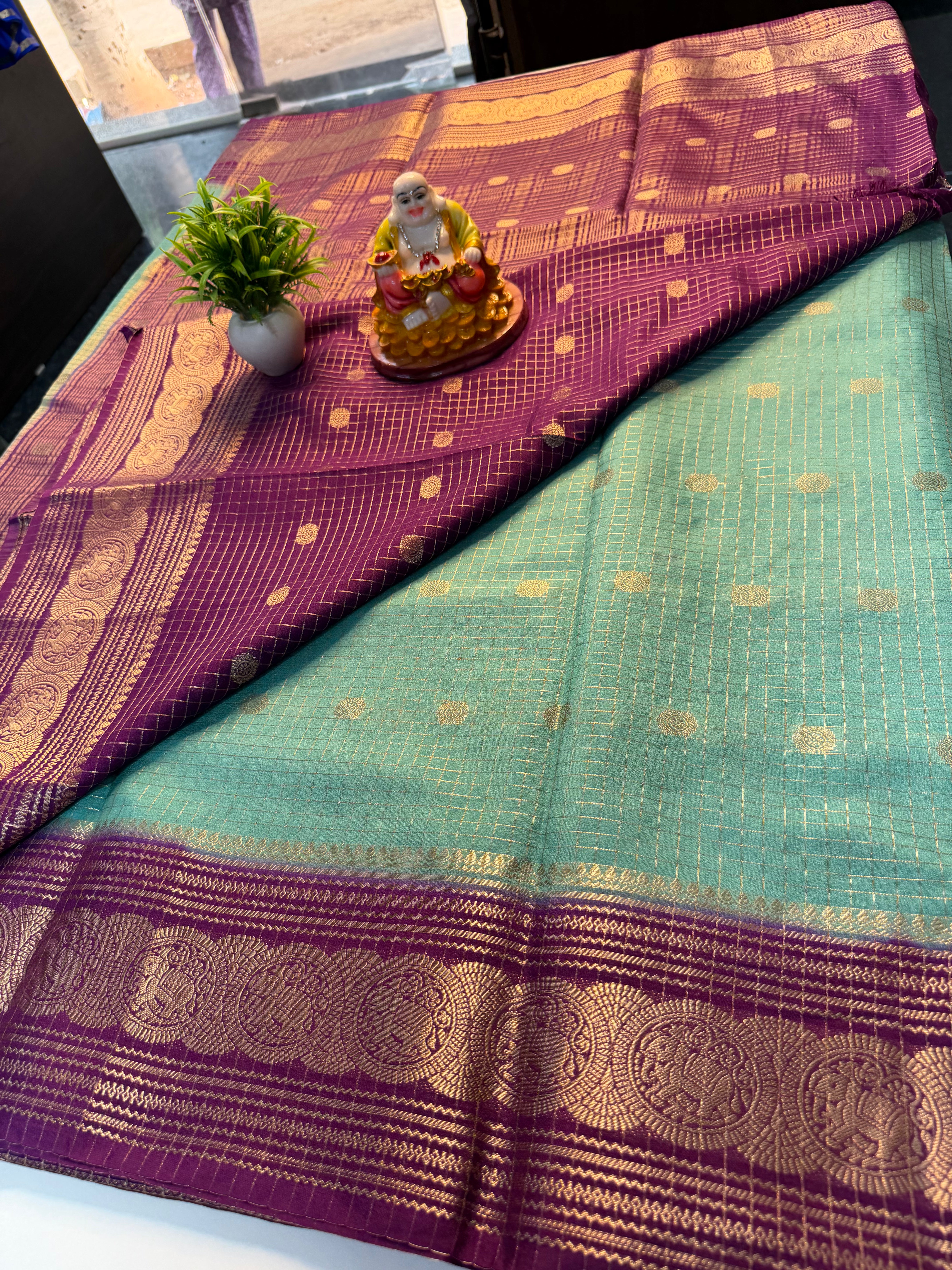 Mysore Crepe Silk Saree with Elephant Border, Checks, Buttas & Rich Pallu | Padmavathi Silks and Sarees….