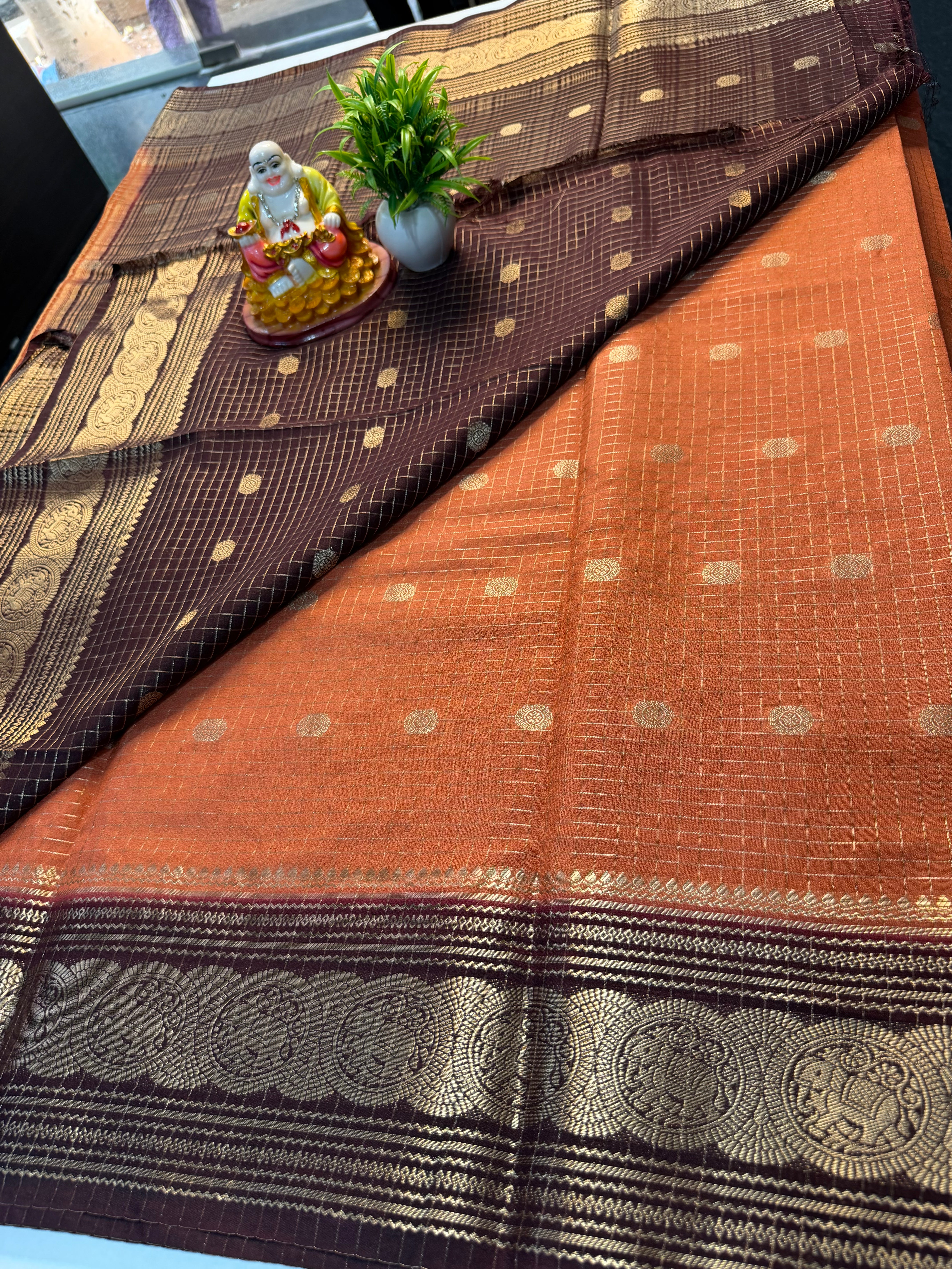 Mysore Crepe Silk Saree with Elephant Border, Checks, Buttas & Rich Pallu | Padmavathi Silks and Sarees….
