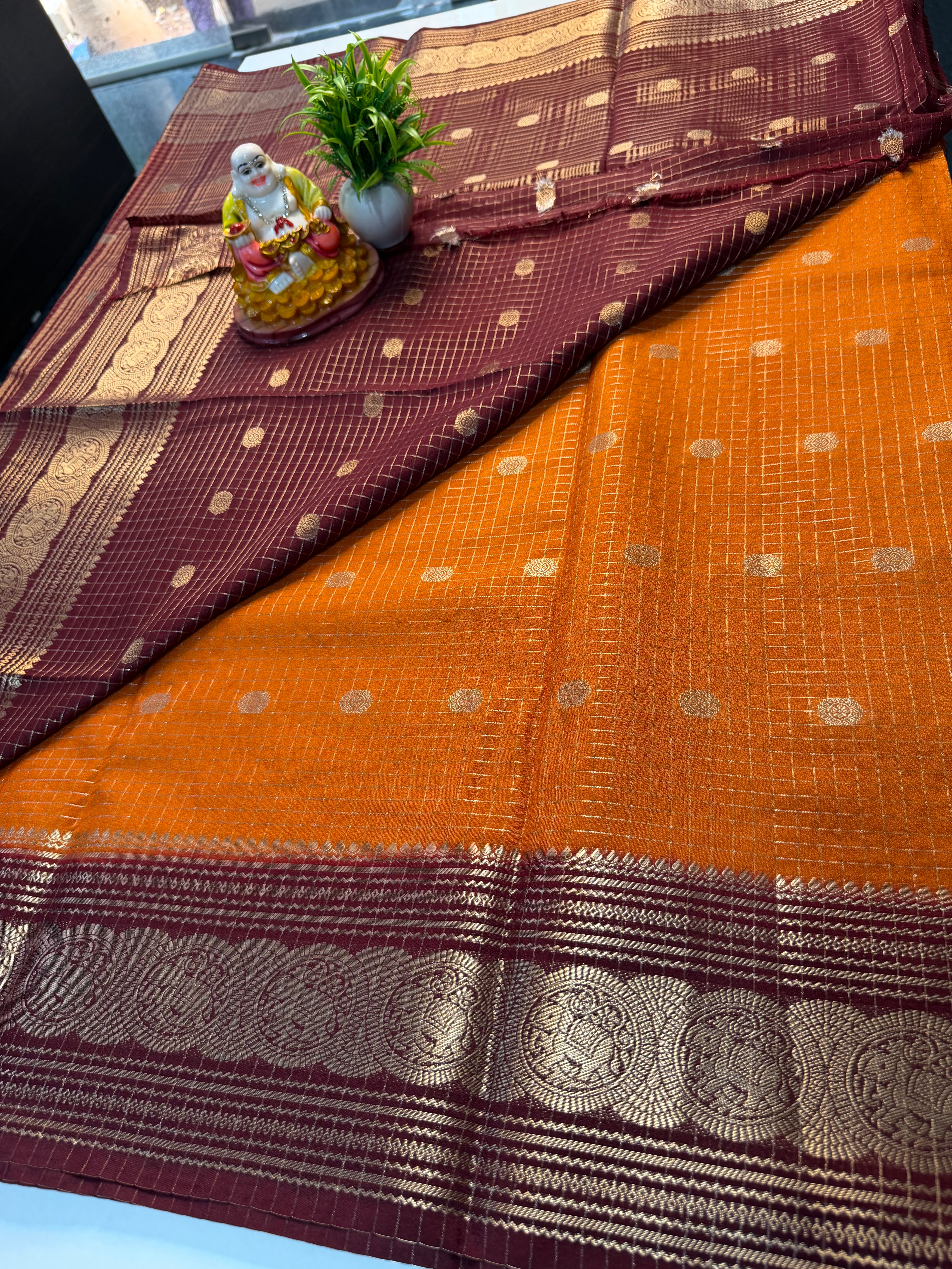 Mysore Crepe Silk Saree with Elephant Border, Checks, Buttas & Rich Pallu | Padmavathi Silks and Sarees….