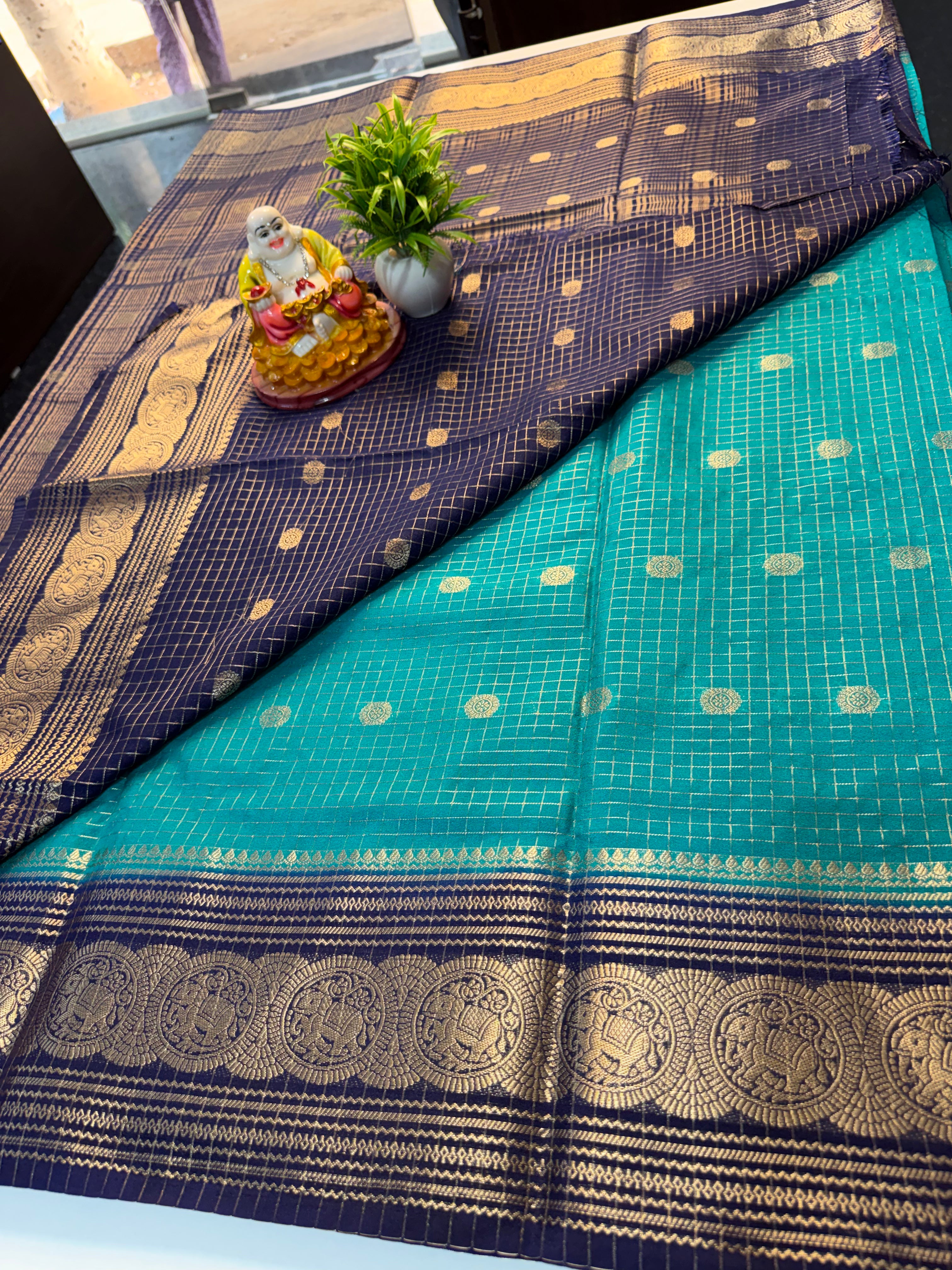 Mysore Crepe Silk Saree with Elephant Border, Checks, Buttas & Rich Pallu | Padmavathi Silks and Sarees….