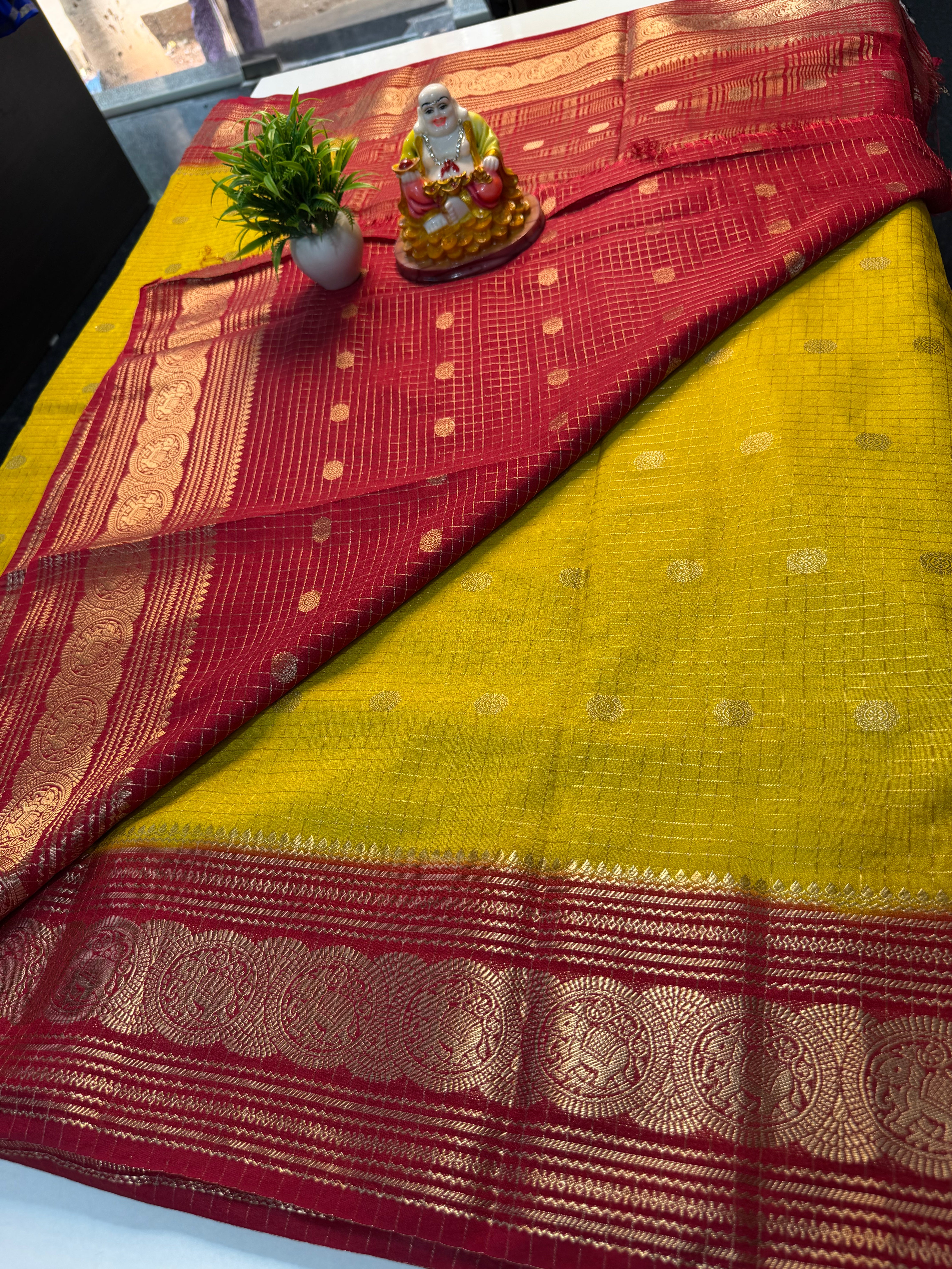Mysore Crepe Silk Saree with Elephant Border, Checks, Buttas & Rich Pallu | Padmavathi Silks and Sarees….