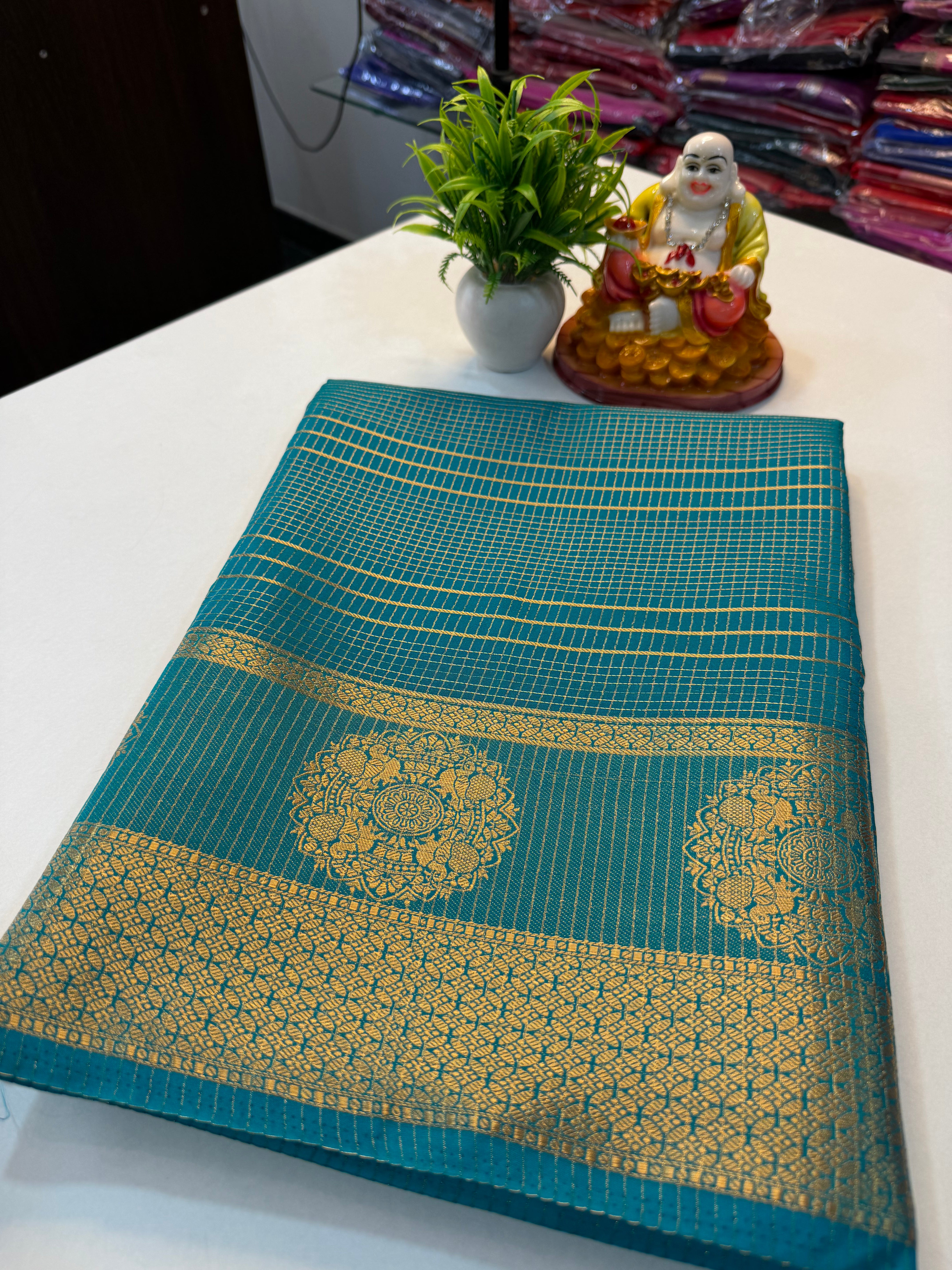 Premium Mysore Crape Silk Saree with Checks Pattern & Rich …