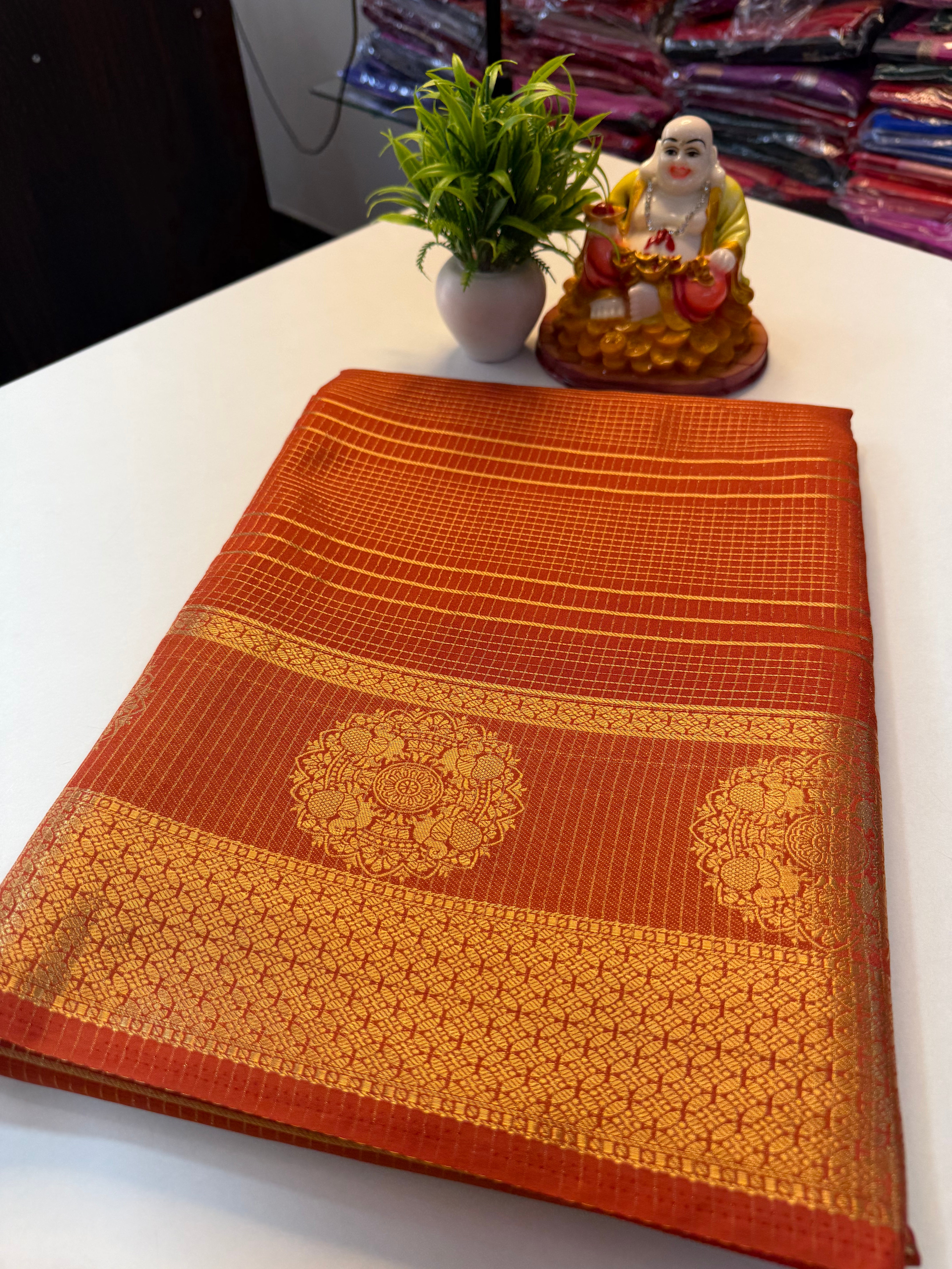 Premium Mysore Crape Silk Saree with Checks Pattern & Rich …