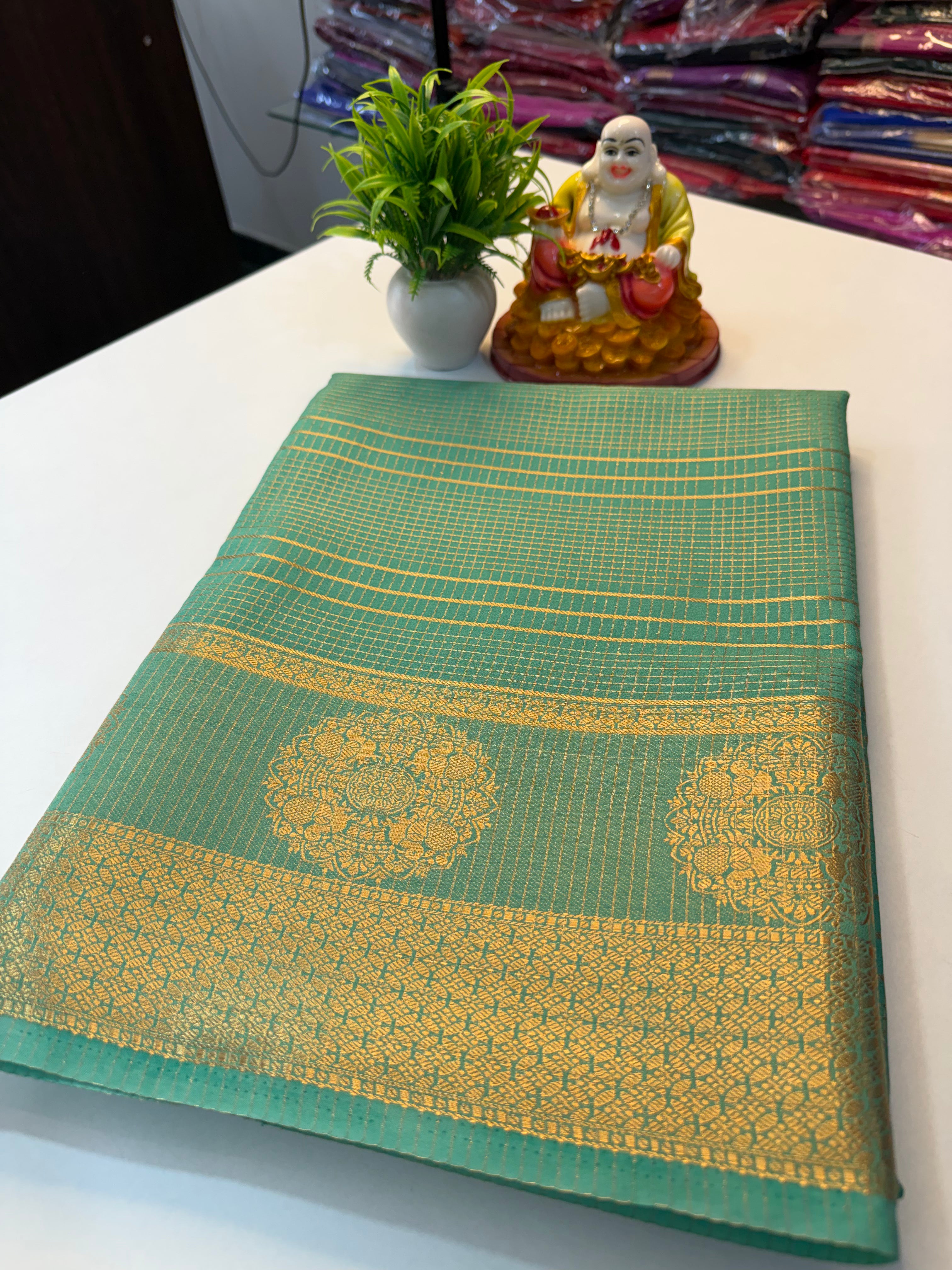 Premium Mysore Crape Silk Saree with Checks Pattern & Rich …