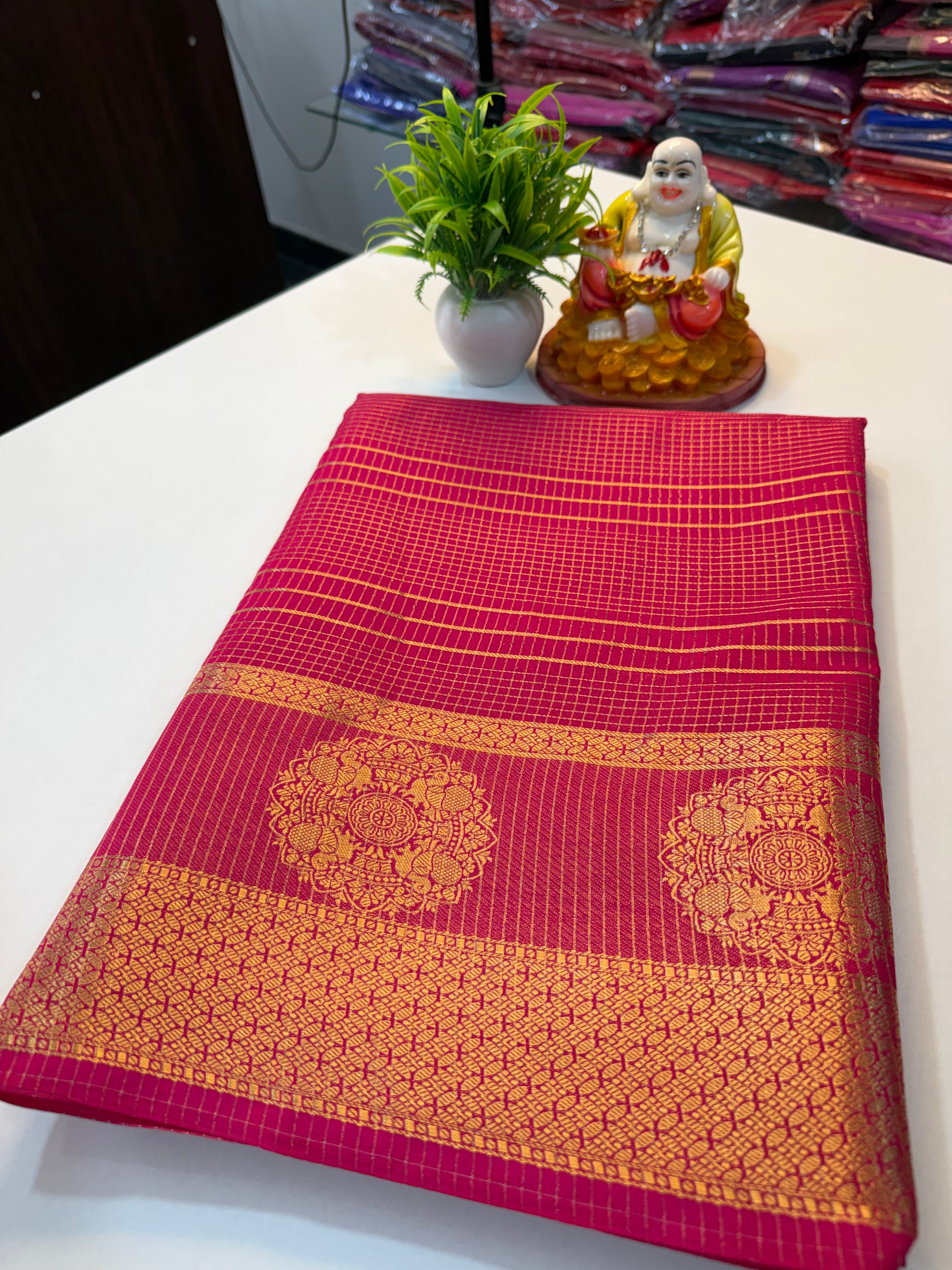 Premium Mysore Crape Silk Saree with Checks Pattern & Rich …